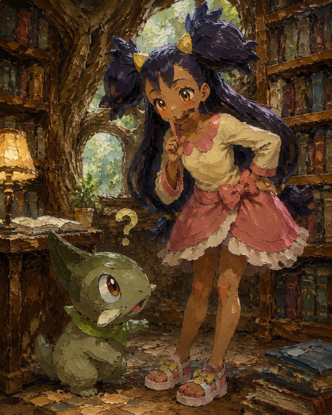 Teasing a confused axew At a quiet library inside a hollow tree (thick impasto oil painting on canvas)