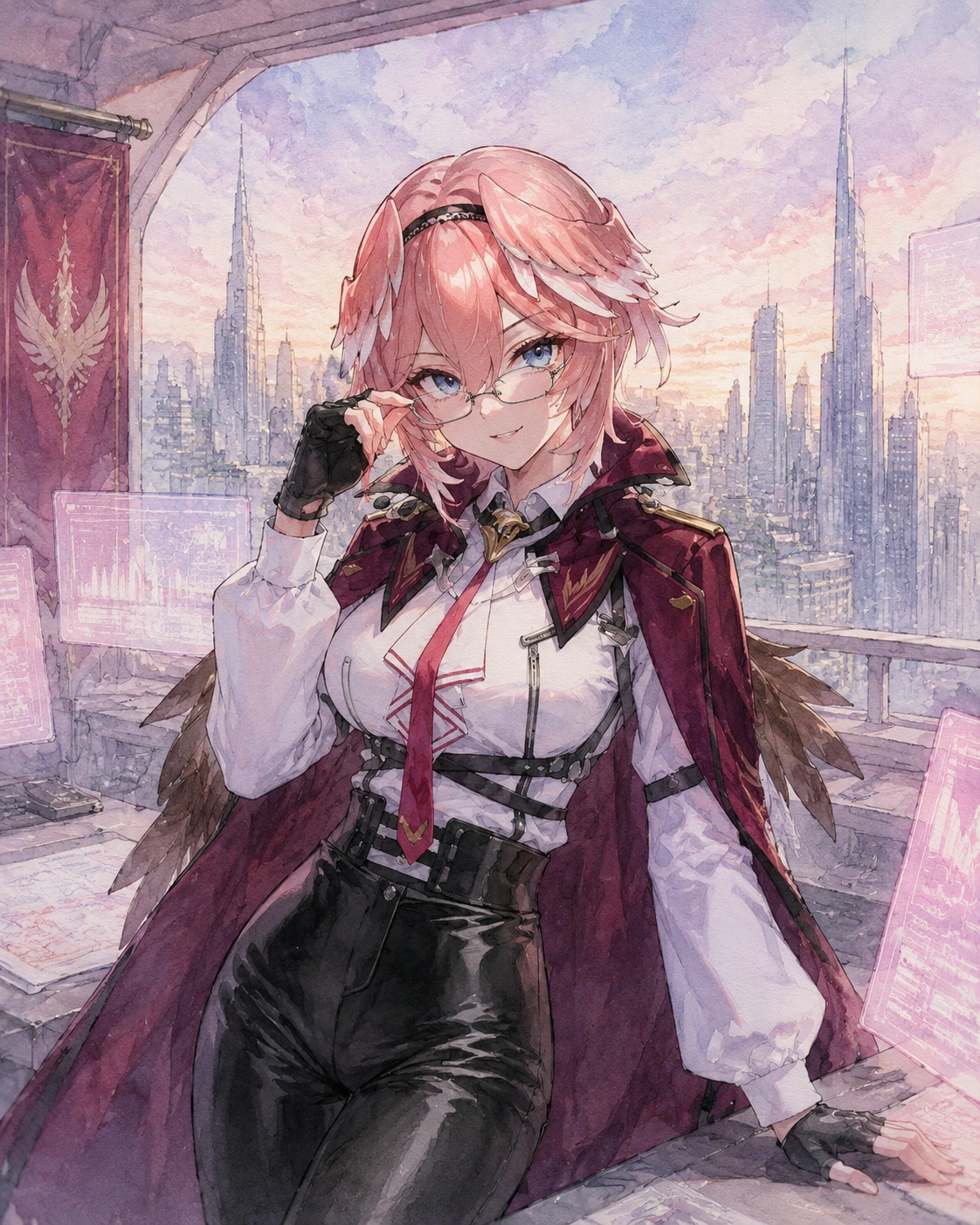 Adjusting her glasses while smirking confidently In a high-tech command center overlooking a city (soft watercolor, pastel morning light)