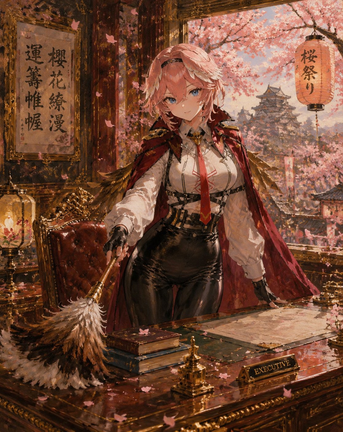 Cleaning the executive office with a feather duster At a cherry blossom festival under falling petals (classic oil painting, rich textures and gold trim)