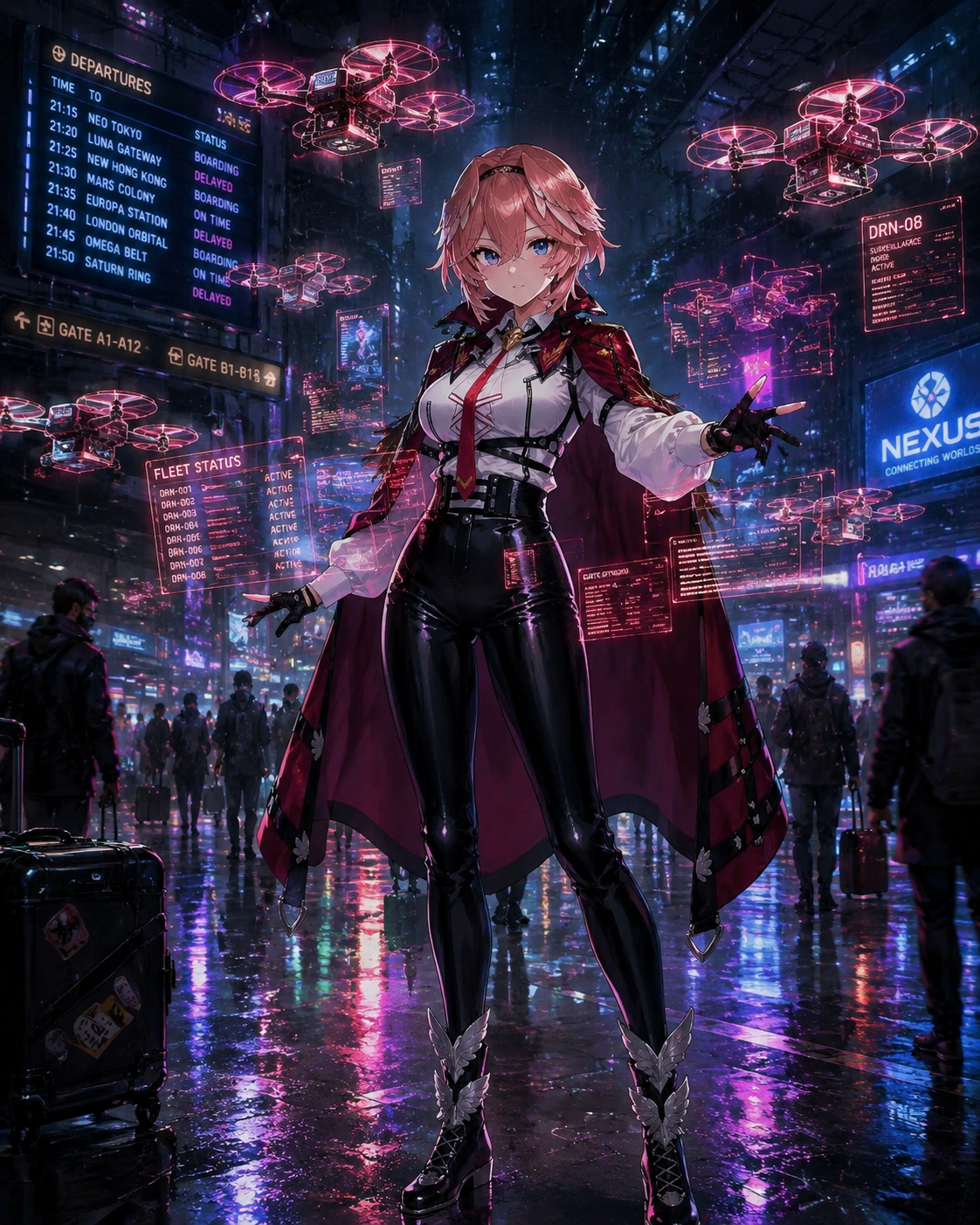 Commanding a fleet of holographic drones In a bustling airport terminal (cyberpunk aesthetics, neon glow and rainy textures)