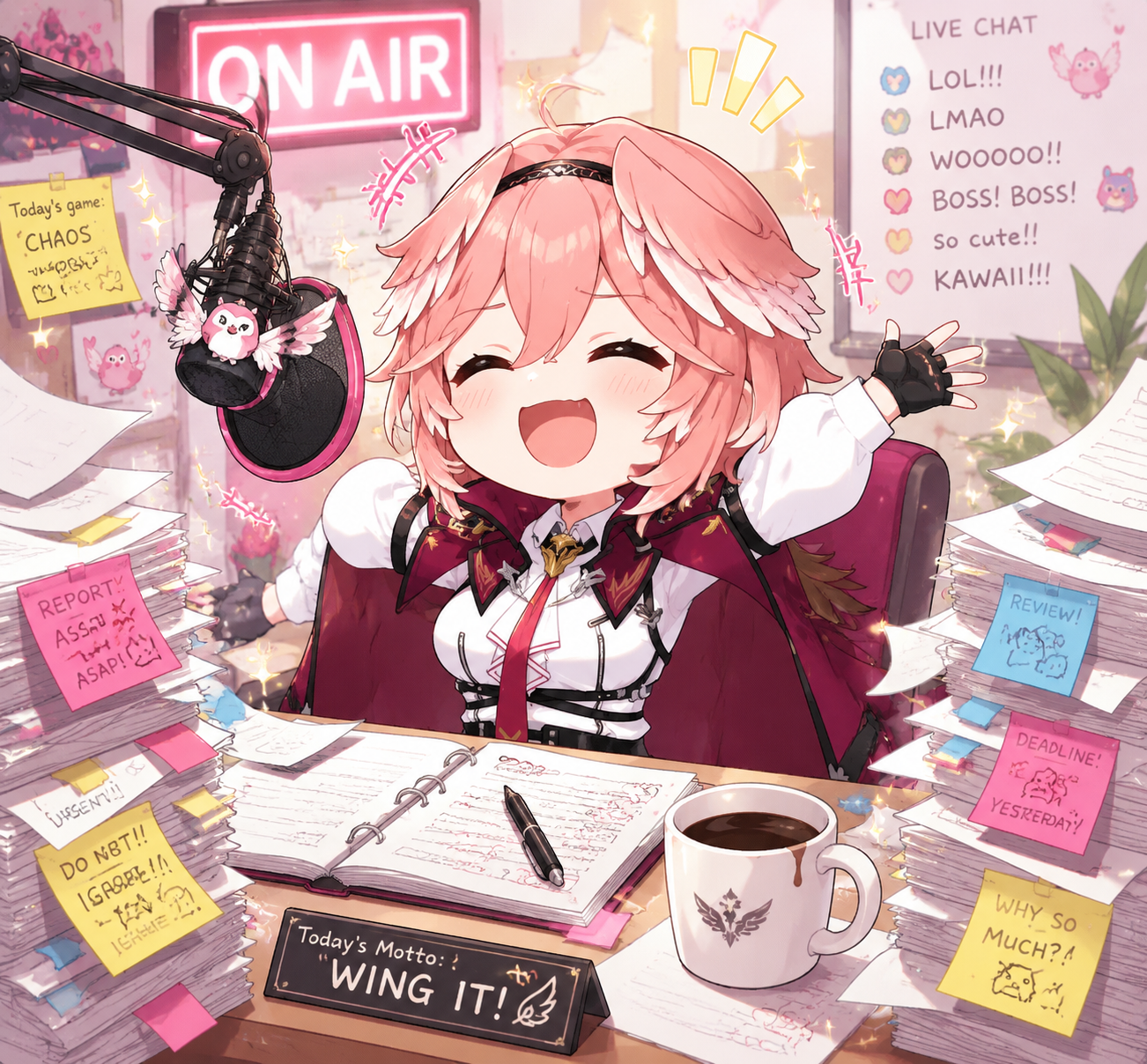 Laughing heartily during a lively broadcast At a cluttered desk buried under paperwork (chibi art style, bright bubbly colors)