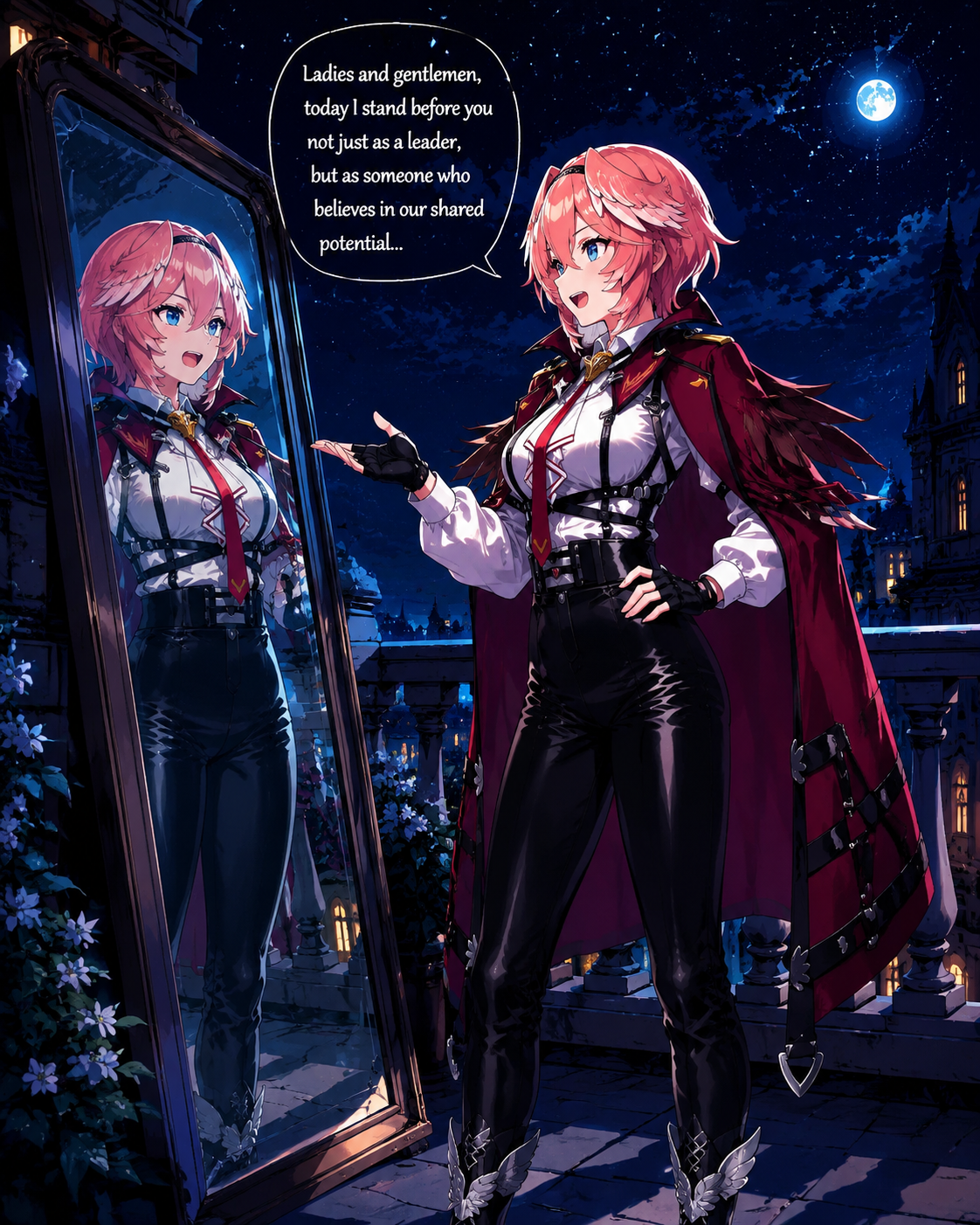 Practicing an english speech in the mirror On a balcony under a starry midnight sky (vibrant anime style, high-contrast cell shading)