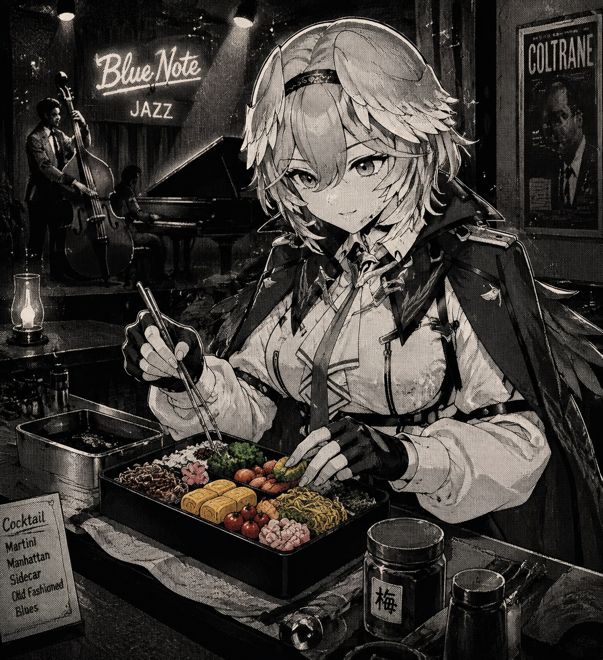 Preparing a colorful bento box with care At a dimly lit jazz bar (retro 90s manga, grainy screentone effects)