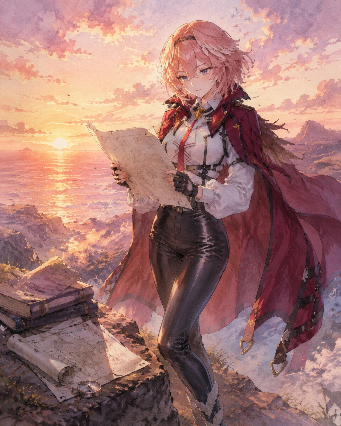 Reviewing strategic reports with a focused expression On a windswept cliff during a fiery sunset (soft watercolor, pastel morning light)