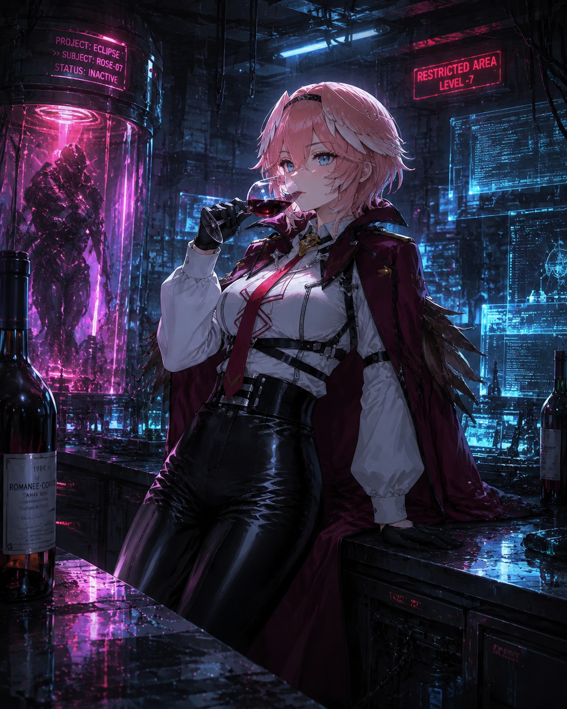 Sipping a glass of expensive red wine In a secret underground laboratory (cyberpunk aesthetics, neon glow and rainy textures)