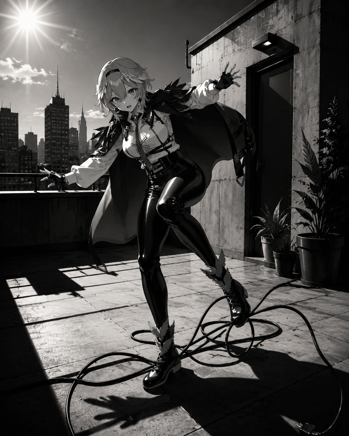 Stumbling over a tangled computer cable On a sun-drenched rooftop terrace (cinematic noir, sharp shadows and monochrome tones)