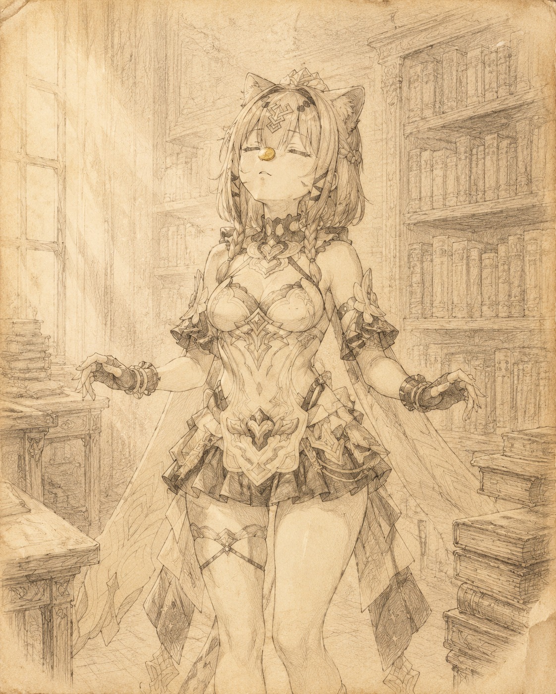 Balancing a gold coin on her nose In a quiet library with dust motes dancing in light (delicate pencil sketch on aged parchment)