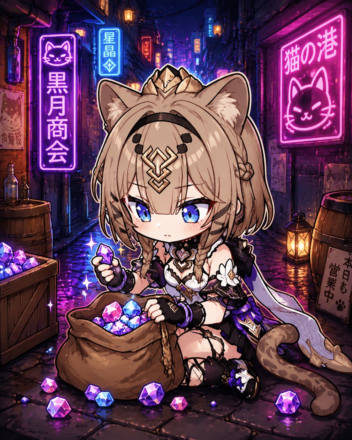 Counting a bag of shiny crystals In a narrow alleyway illuminated by neon signs (chibi cute, thick outlines and bright colors)