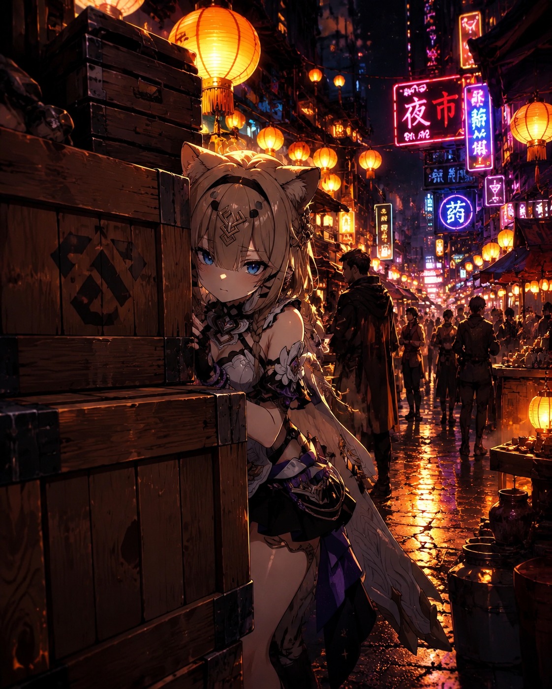 Hiding behind a stack of wooden crates In a bustling night market under golden lanterns (cyberpunk neon glow, high-contrast digital painting)