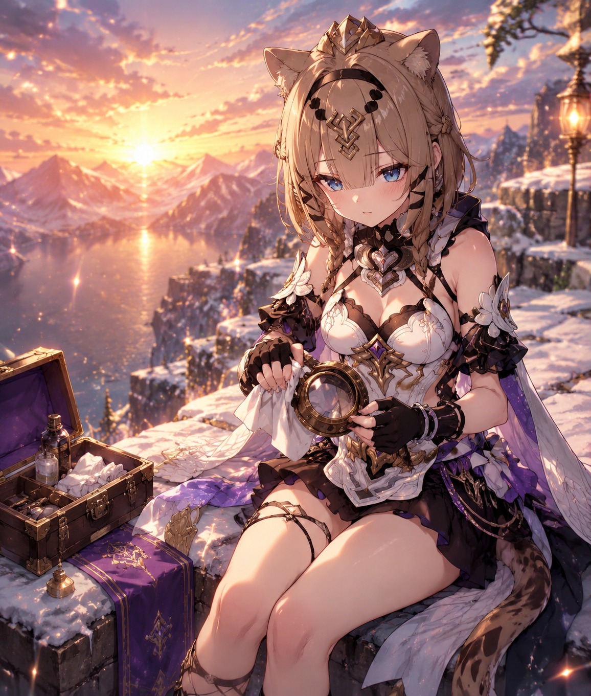 Polishing a pair of antique brass goggles At the edge of a snowy cliff during sunset (vibrant anime style with sparkling particle effects)