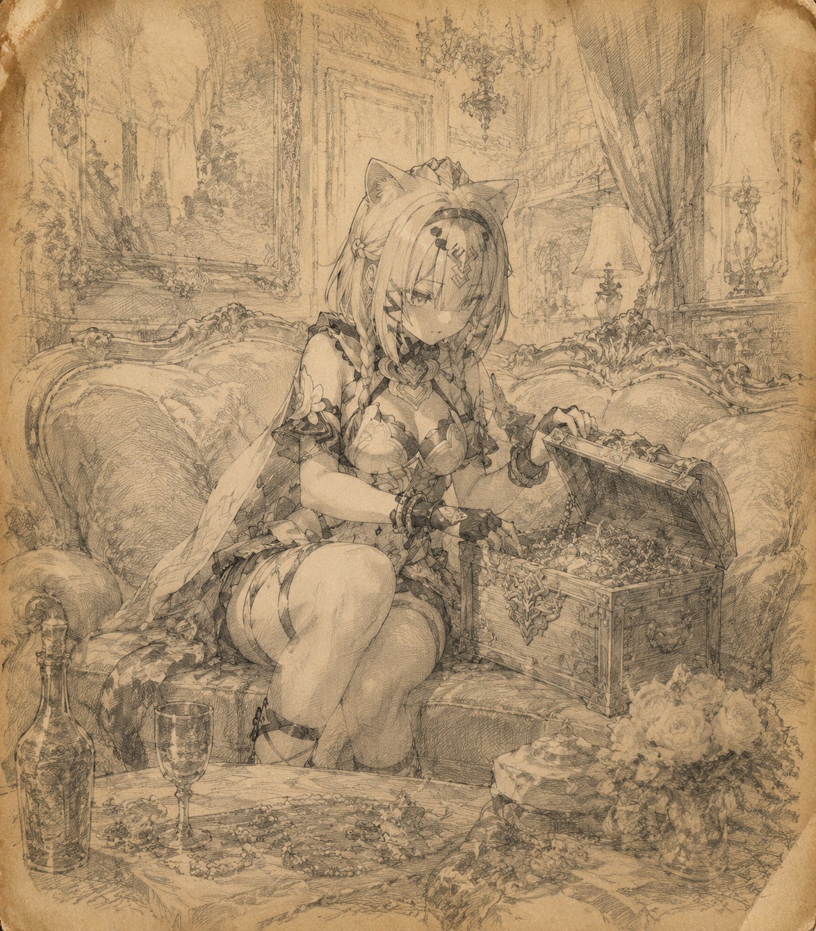 Rummaging through a dusty treasure chest On a velvet sofa inside a luxurious lounge (delicate pencil sketch on aged parchment)