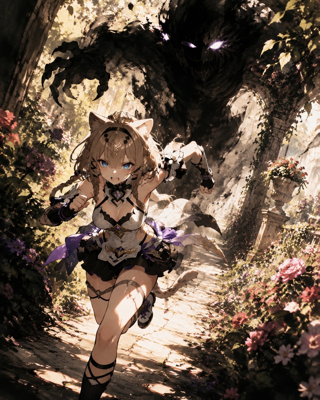Sprinting away from a looming shadow In a sun-drenched garden full of blooming flowers (dramatic chiaroscuro, heavy ink washes)