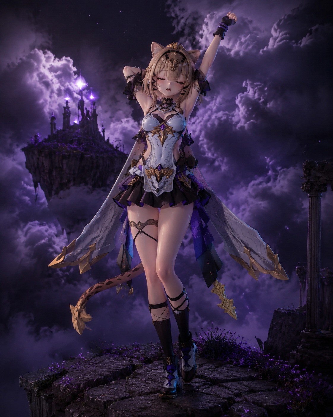 Stretching her arms like a lazy cat On a floating island surrounded by purple clouds (dark cinematic lighting, gritty 3D render)