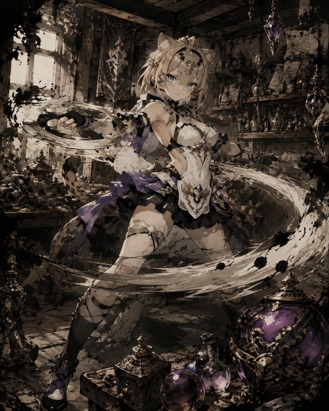Swinging her chakram in a wide arc At a cluttered workshop filled with magical artifacts (dramatic chiaroscuro, heavy ink washes)