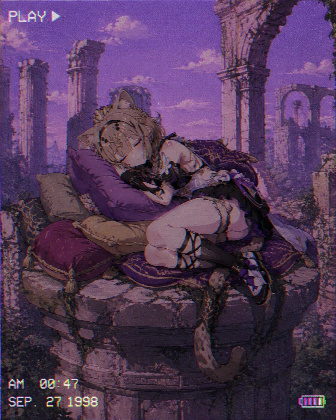 Taking a cozy nap on a pile of cushions On a crumbling stone pillar amidst ancient ruins (retro 90s aesthetic, lo-fi VHS grain)