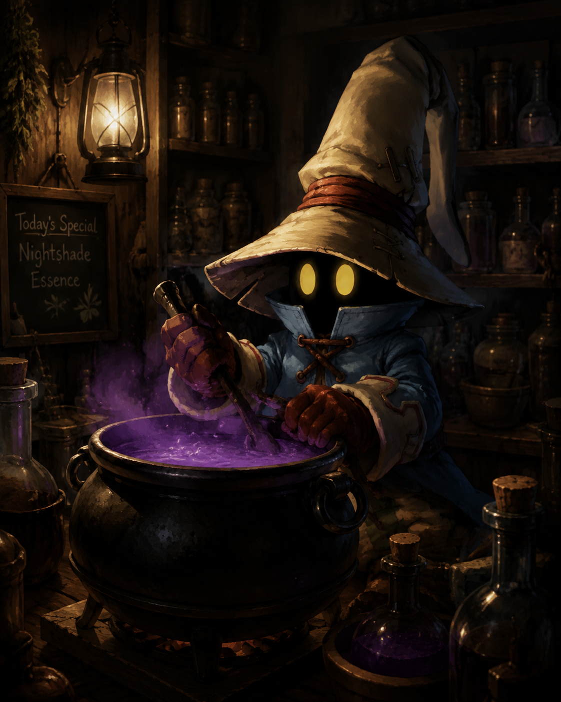 Brewing a bubbling purple potion In a cozy potion shop kitchen (cinematic noir, dramatic shadows)