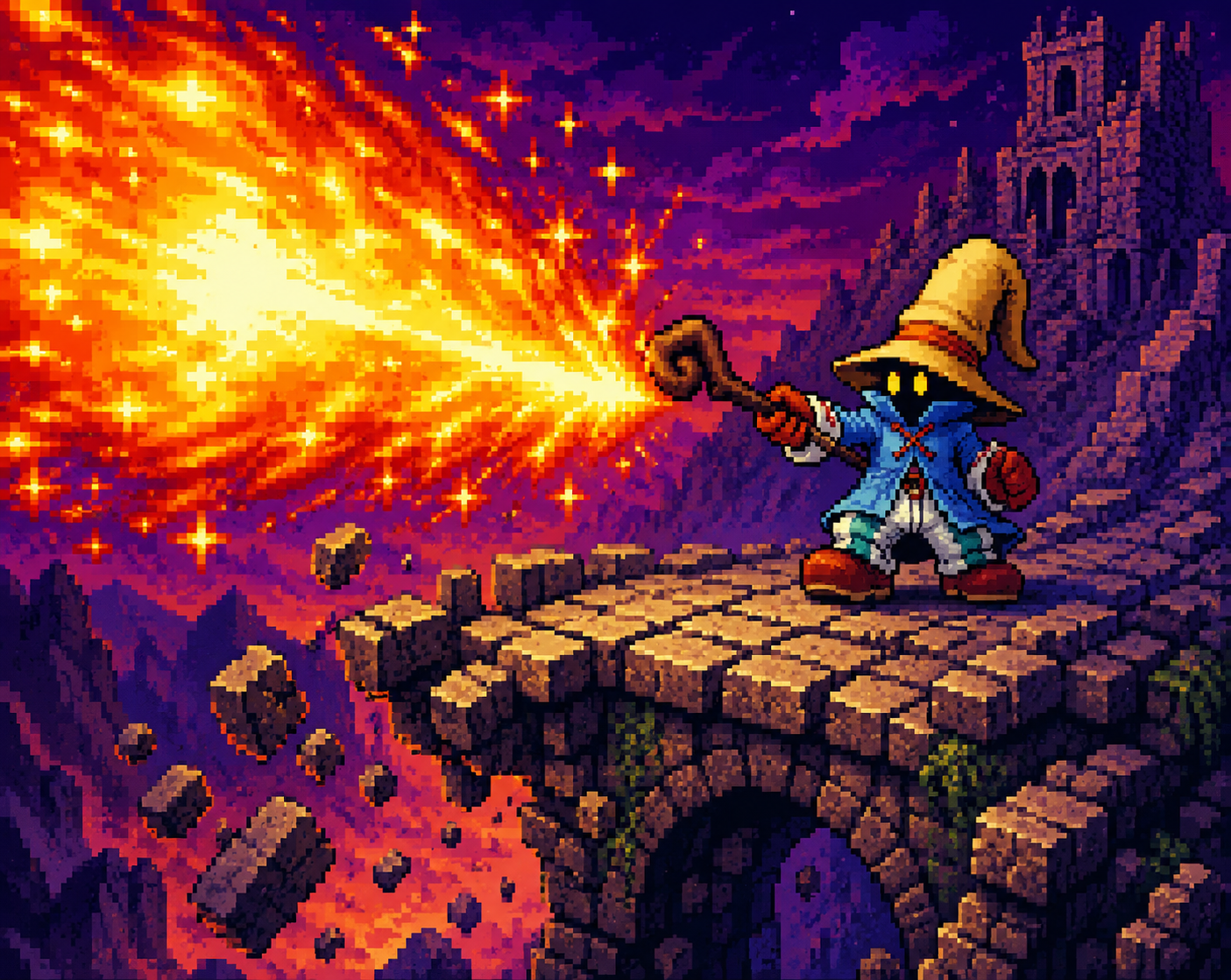 Casting a massive flare spell On a crumbling stone bridge (8-bit pixel art, vibrant palette)