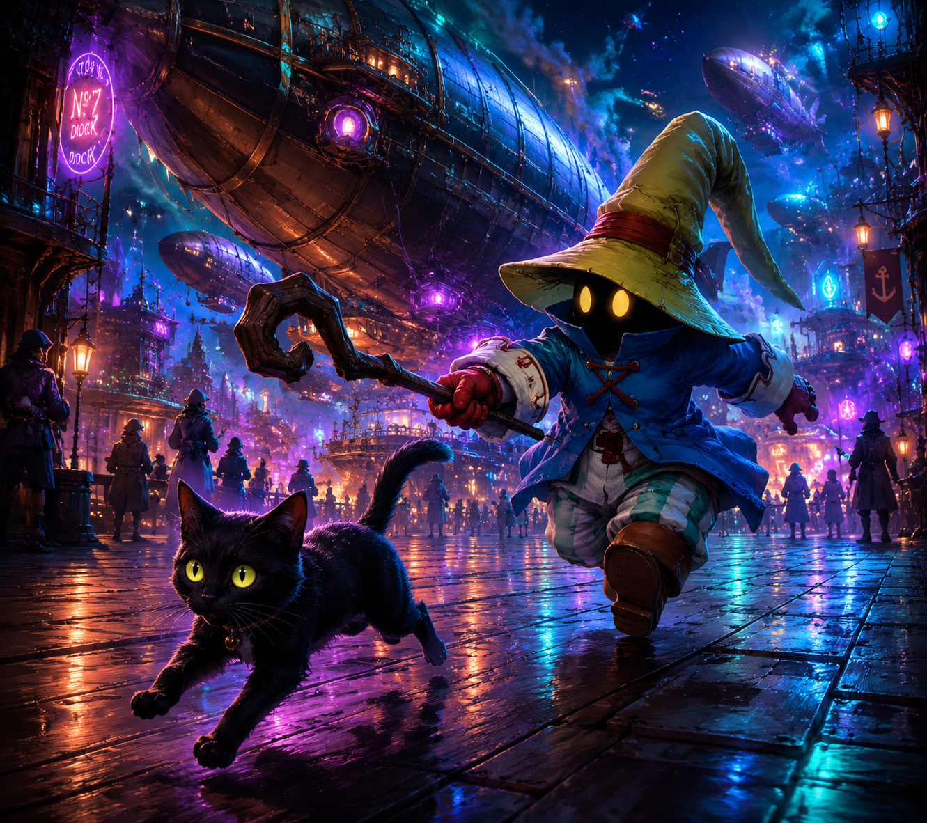 Chasing a stray black cat At a busy airship docking bay (ethereal bioluminescence, glowing neon)