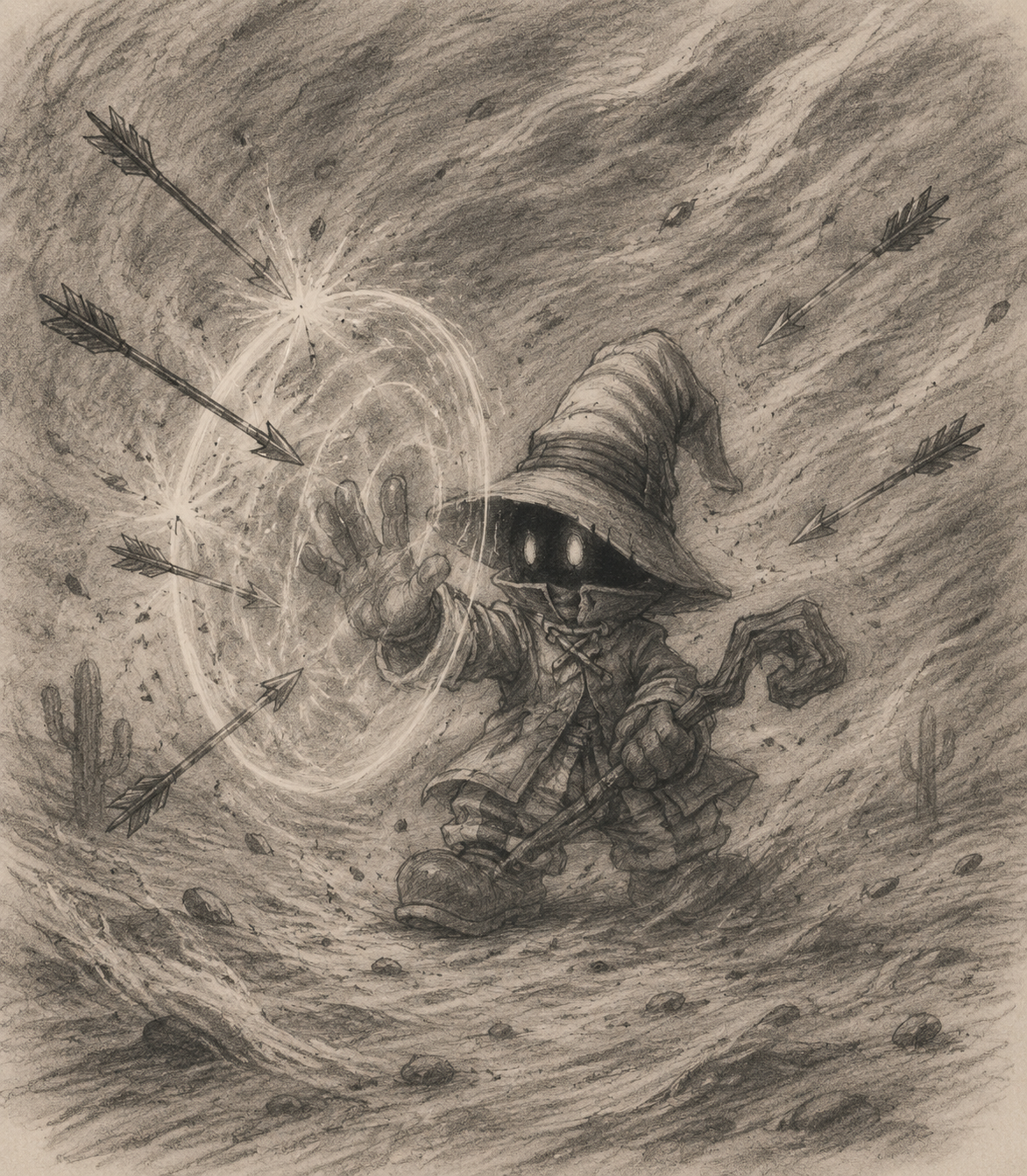 Deflecting incoming arrows with a barrier At the center of a desert sandstorm (pencil sketch, charcoal texture)