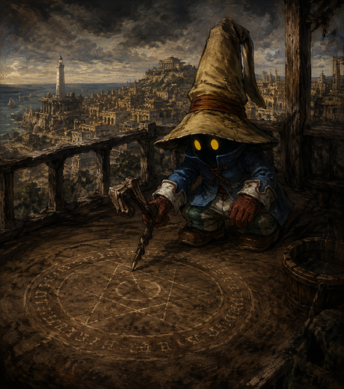 Drawing a magic circle in the dirt On a wooden balcony overlooking Alexandria (gritty dark fantasy, oil painting style)