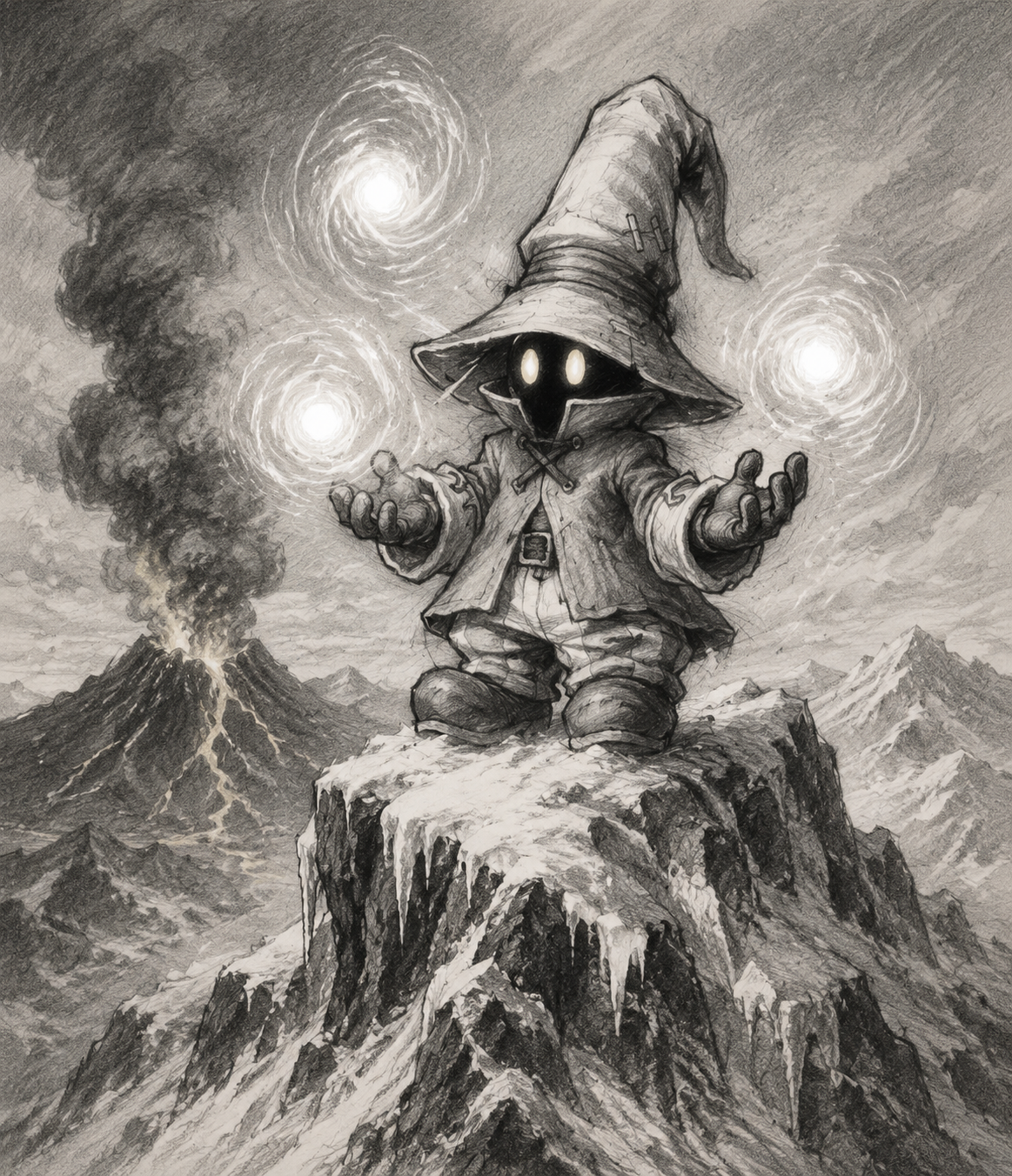 Levitating glowing orbs of energy On a frozen volcanic peak (pencil sketch, charcoal texture)