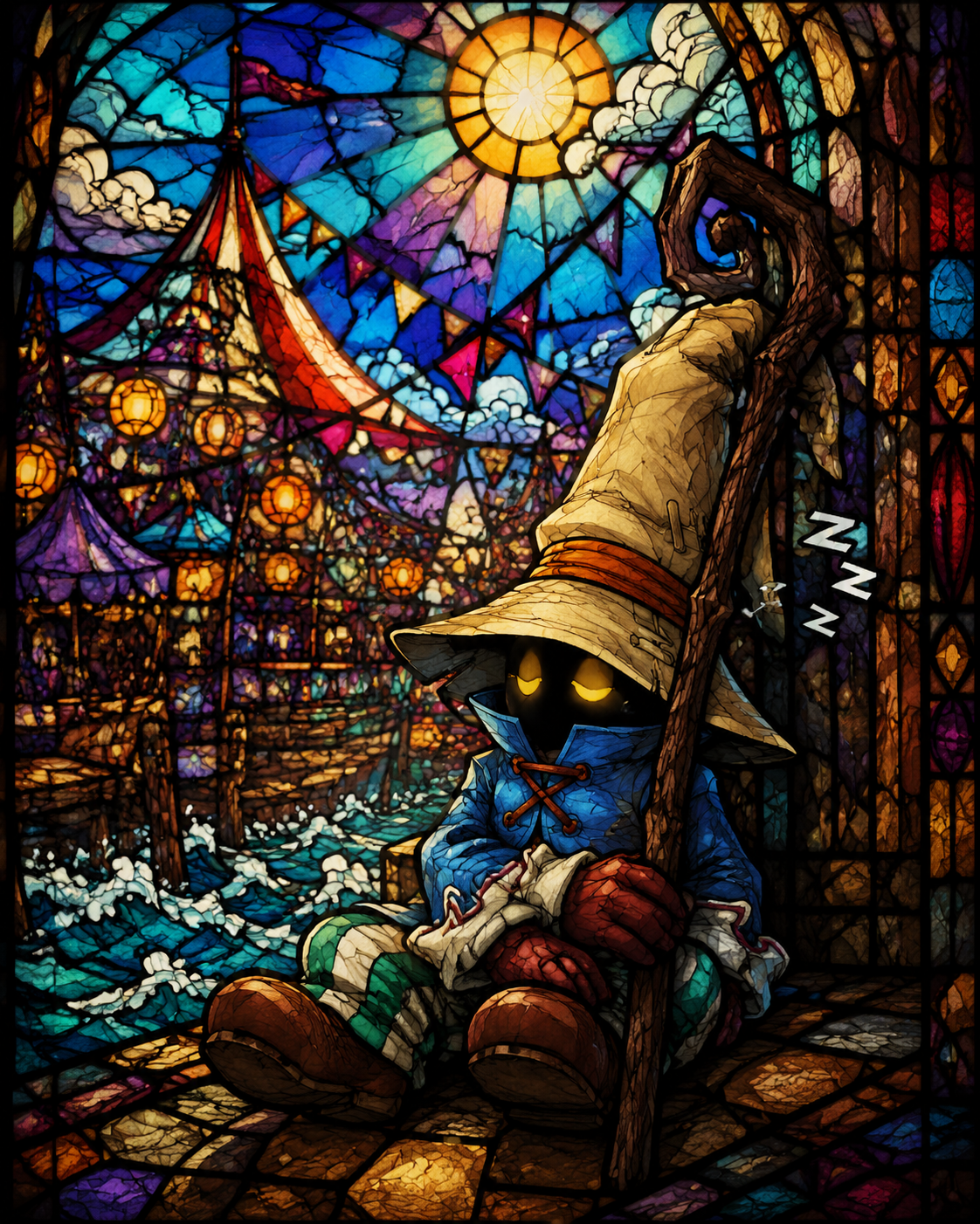 Napping against a gnarled wooden staff At a chaotic seaside carnival (intricate stained glass, backlit glow)