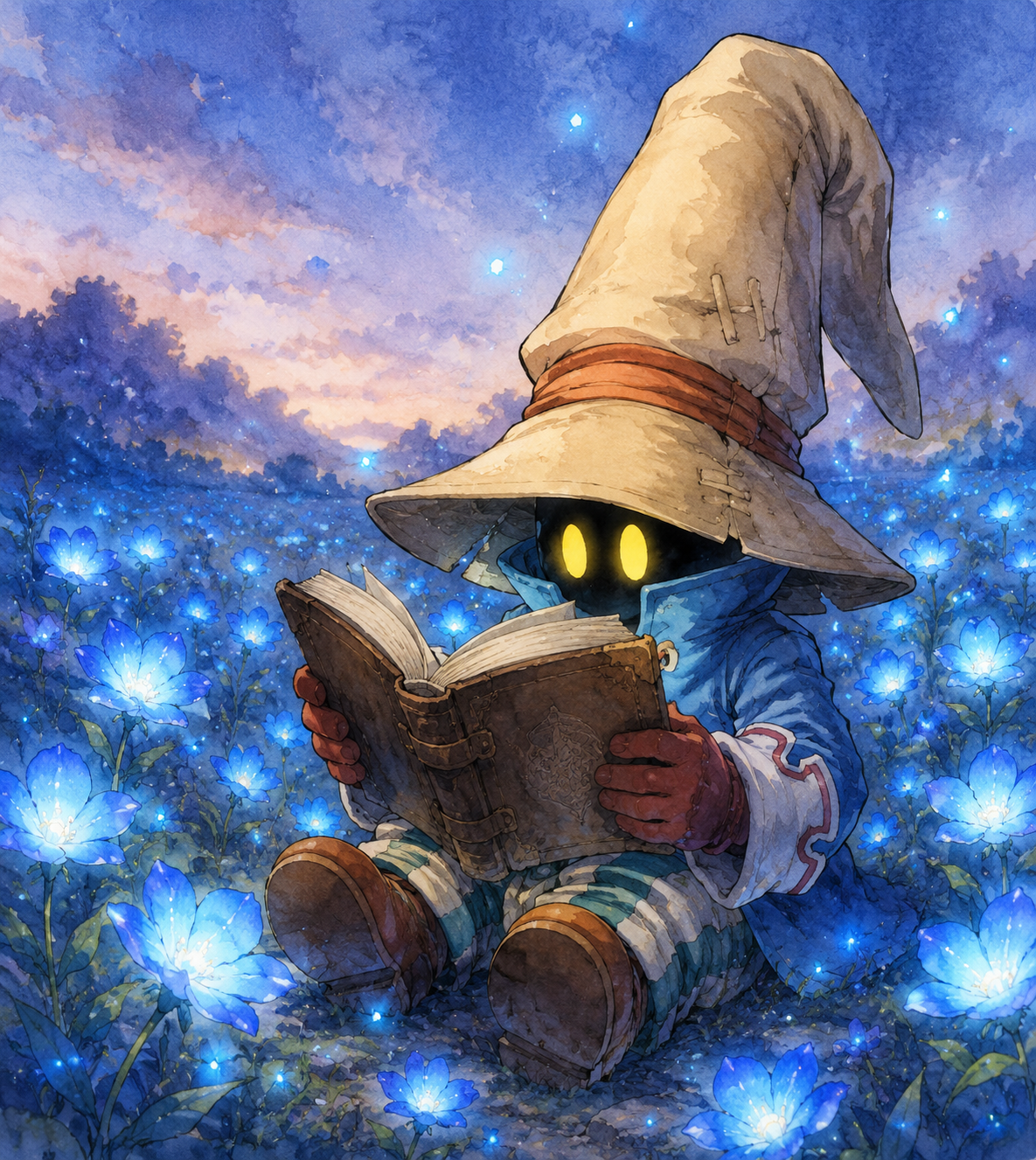 Reading a dusty leather grimoire In a field of glowing blue flowers (watercolor anime, soft lighting)