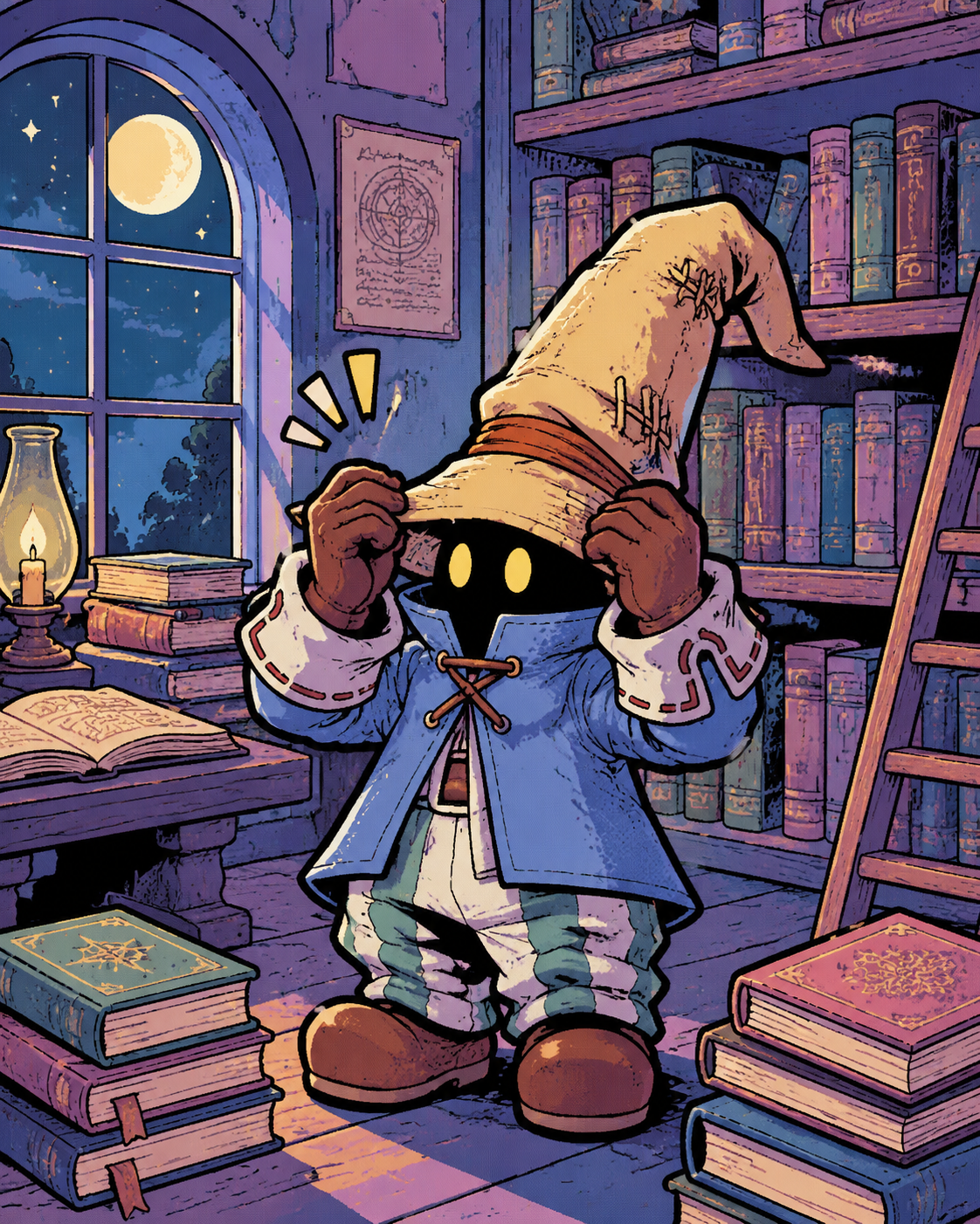 Struggling to fix a floppy pointed hat In a quiet moonlit library (pastel pop art, bold outlines)