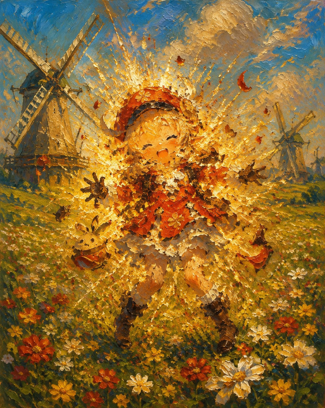 Detonating in a shower of sparks In a lush meadow filled with spinning windwheels (classic oil painting, visible thick brushstrokes)