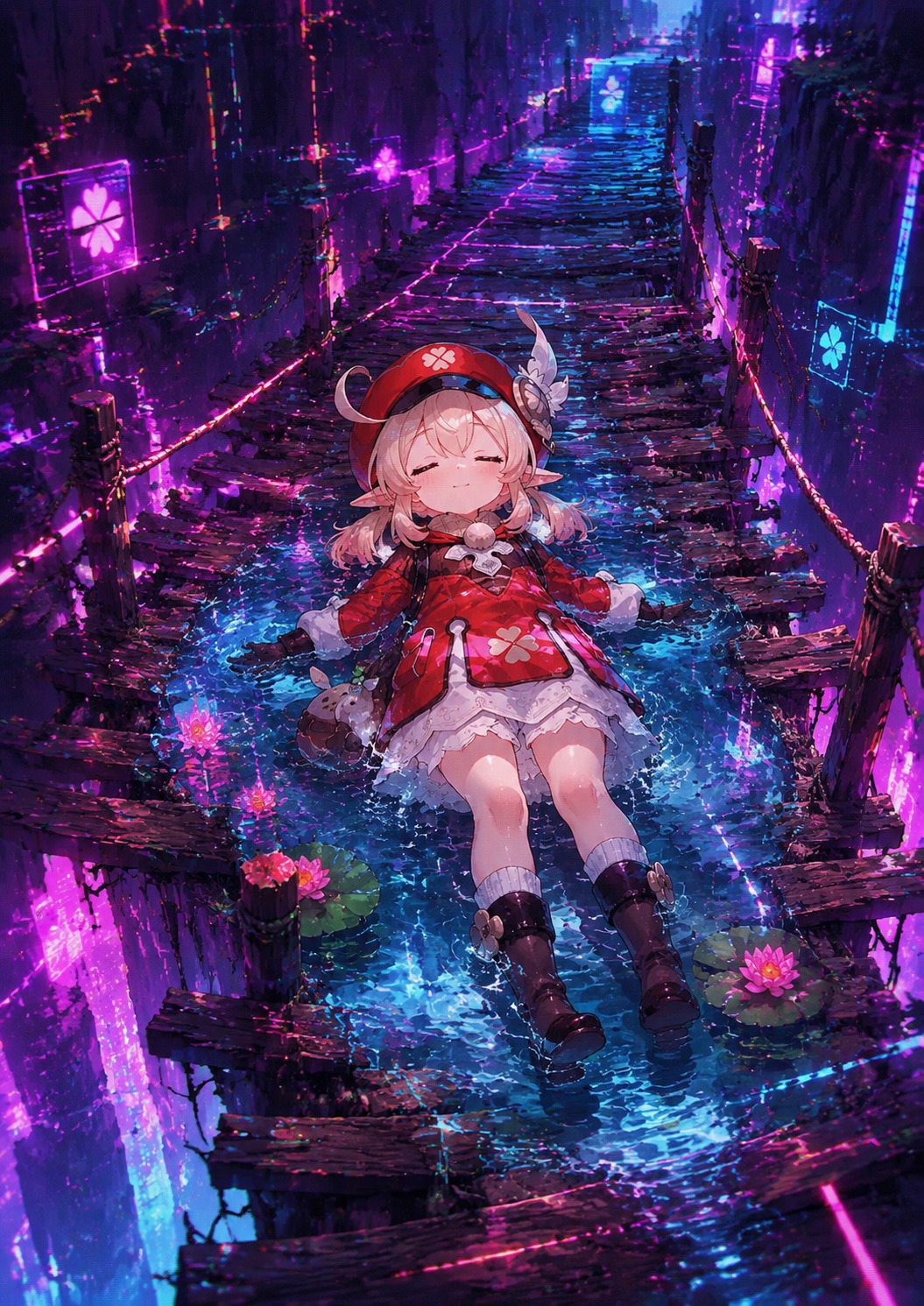 Floating serenely in a shallow pond On a rickety wooden bridge over a canyon (cyberpunk glitch art, neon glowing lines)
