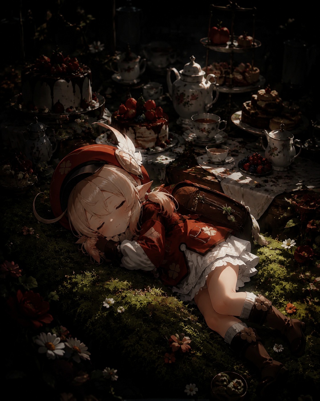 Napping quietly on a bed of moss At a festive table laden with cakes and tea (moody noir, heavy shadows and high contrast)