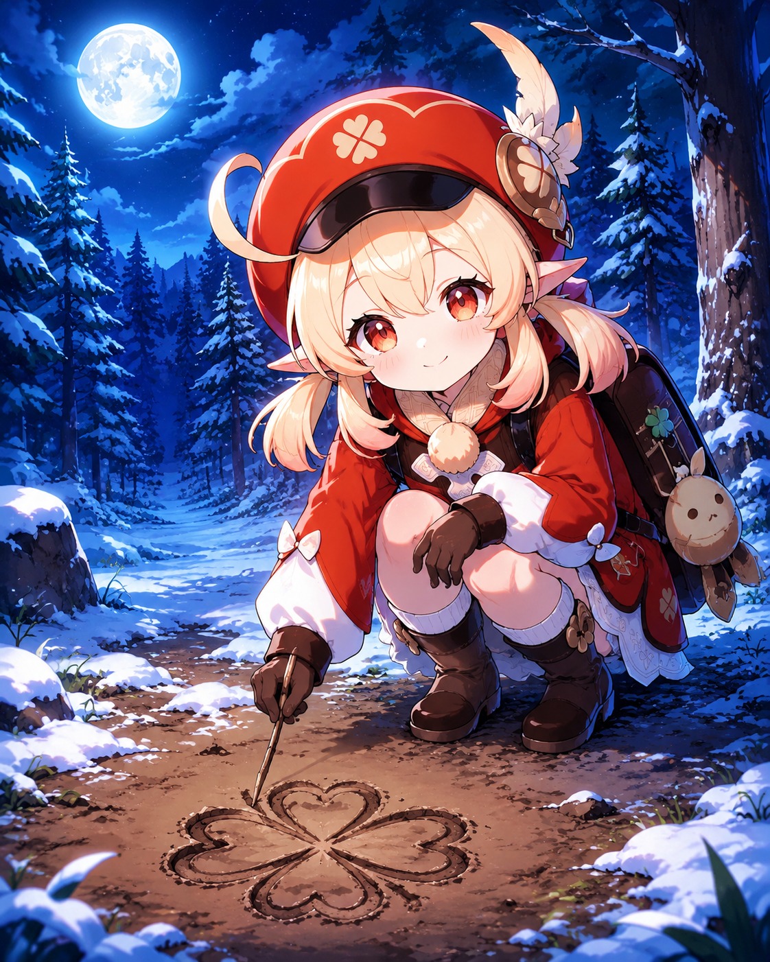 Sketching clover shapes in the dirt In a quiet snowy forest under a full moon (vibrant anime cel-shading, high saturation)