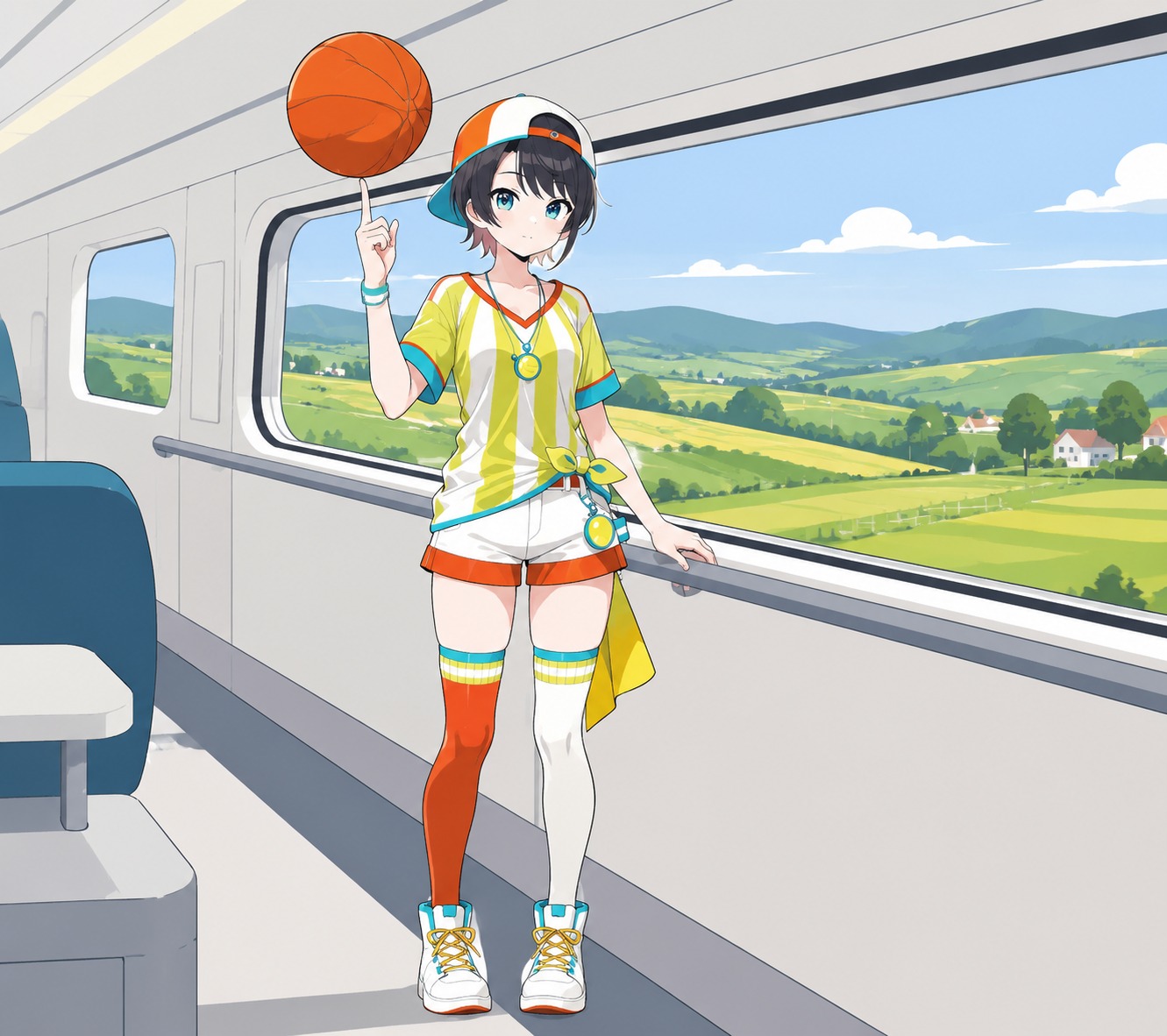 Balancing a basketball on one finger On a high-speed train passing through the countryside (minimalist vector art, clean lines)