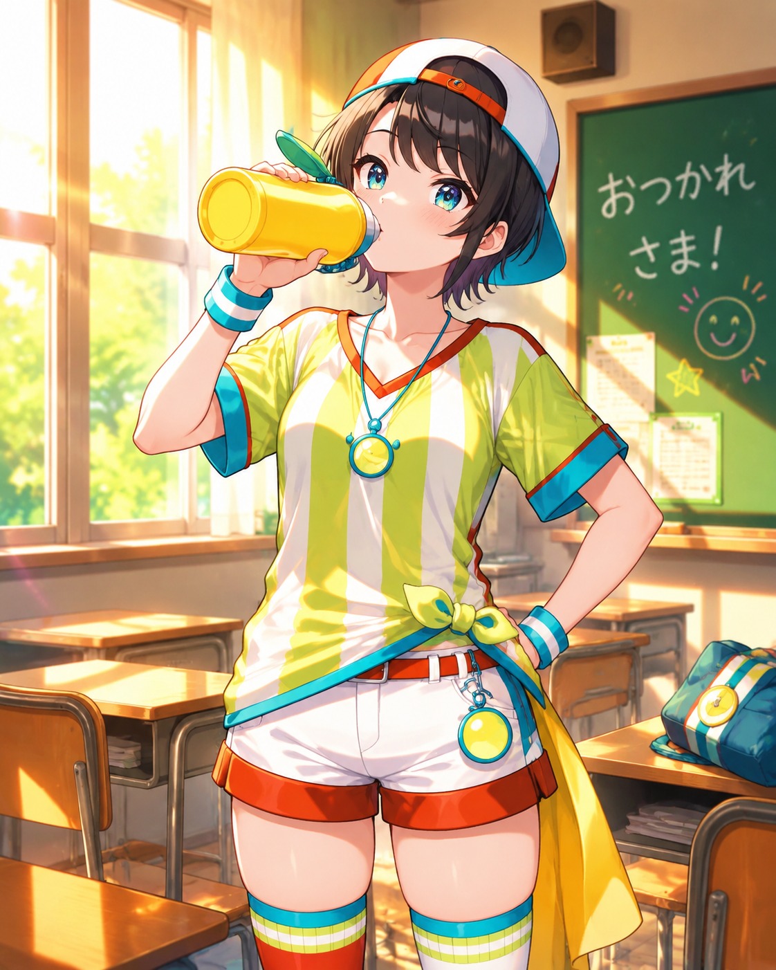 Drinking from a yellow water bottle In a bright classroom after school hours (vibrant anime style, high saturation)