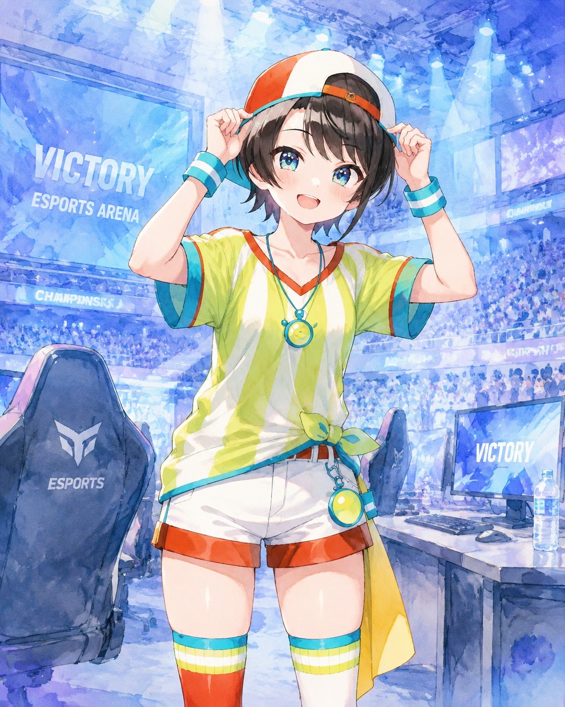 Fixing her cap while smiling In a professional E-sports arena with blue lighting (soft watercolor wash, pastel tones)