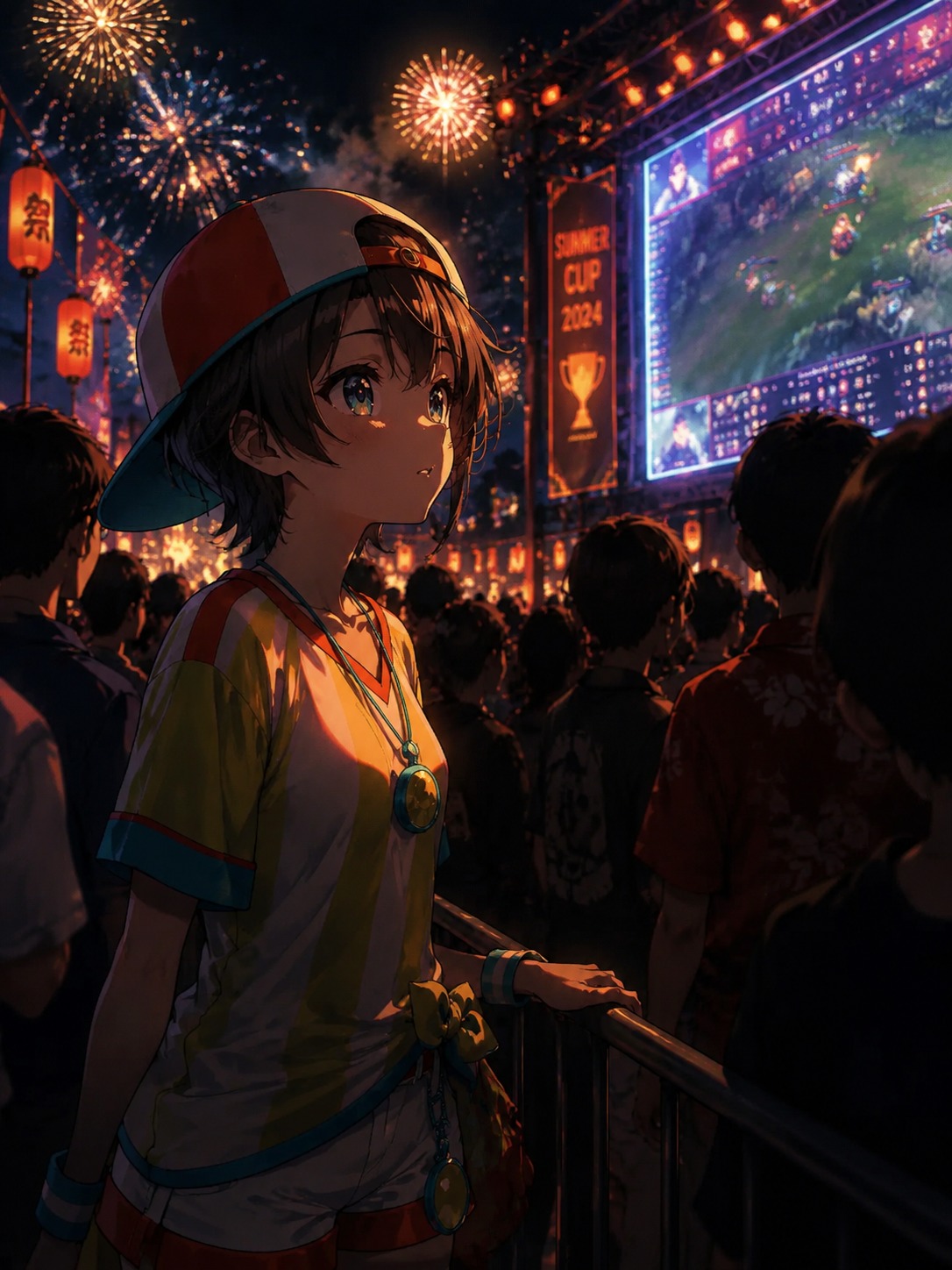 Intently watching a gaming tournament At a crowded summer festival during fireworks (dramatic cinematic lighting, heavy shadows)