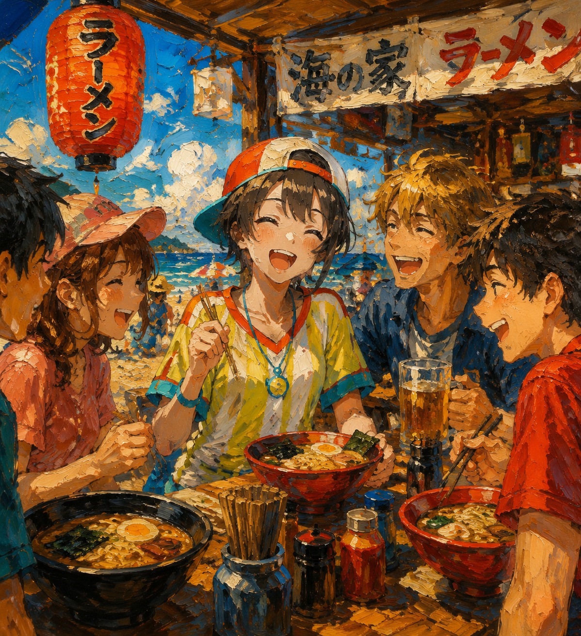 Laughing with a group of friends At a noisy beachside ramen stall (oil painting, thick brushstrokes)