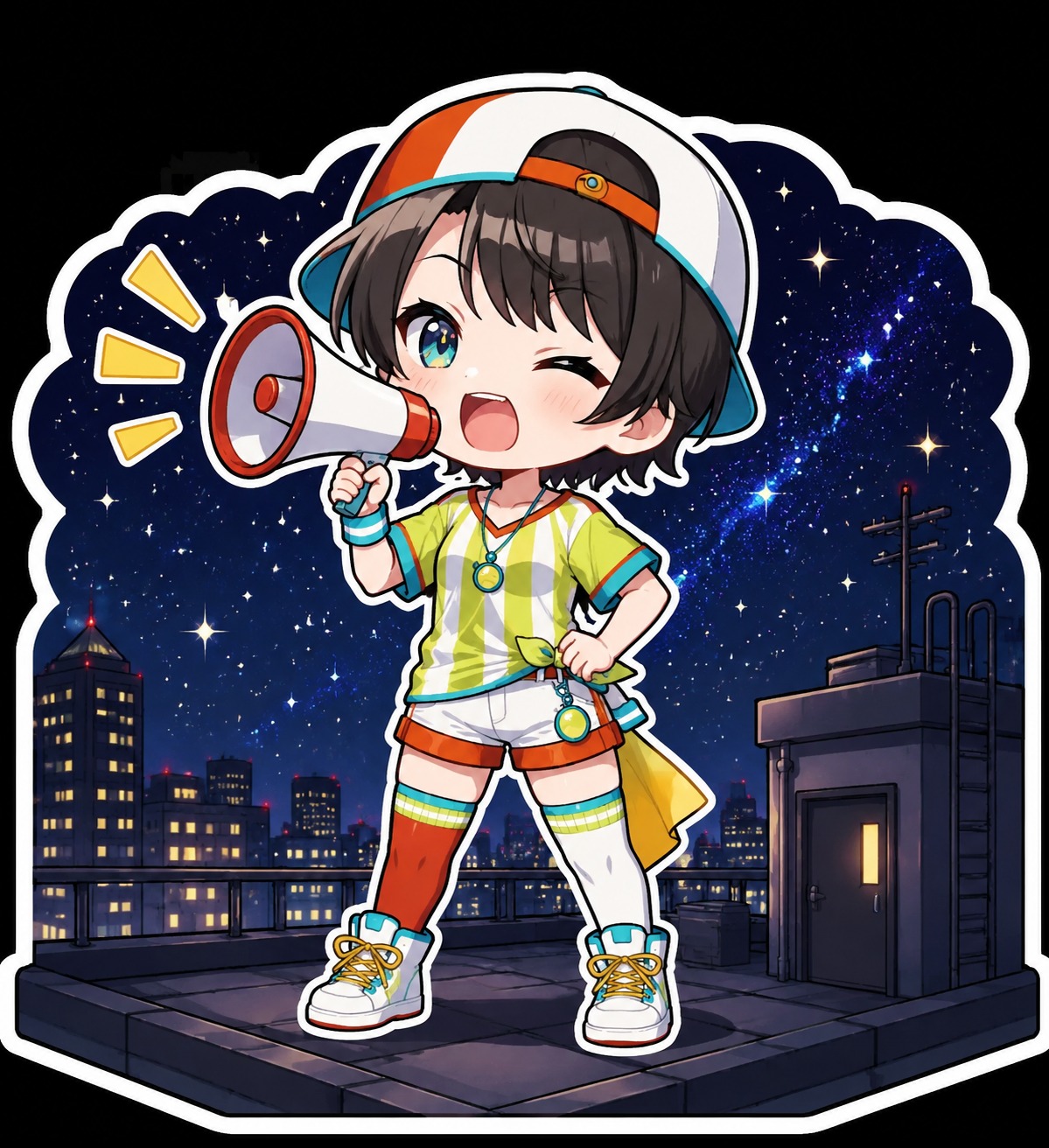 Shouting into a megaphone On a rooftop under a starry night sky (chibi sticker art, bold outlines)
