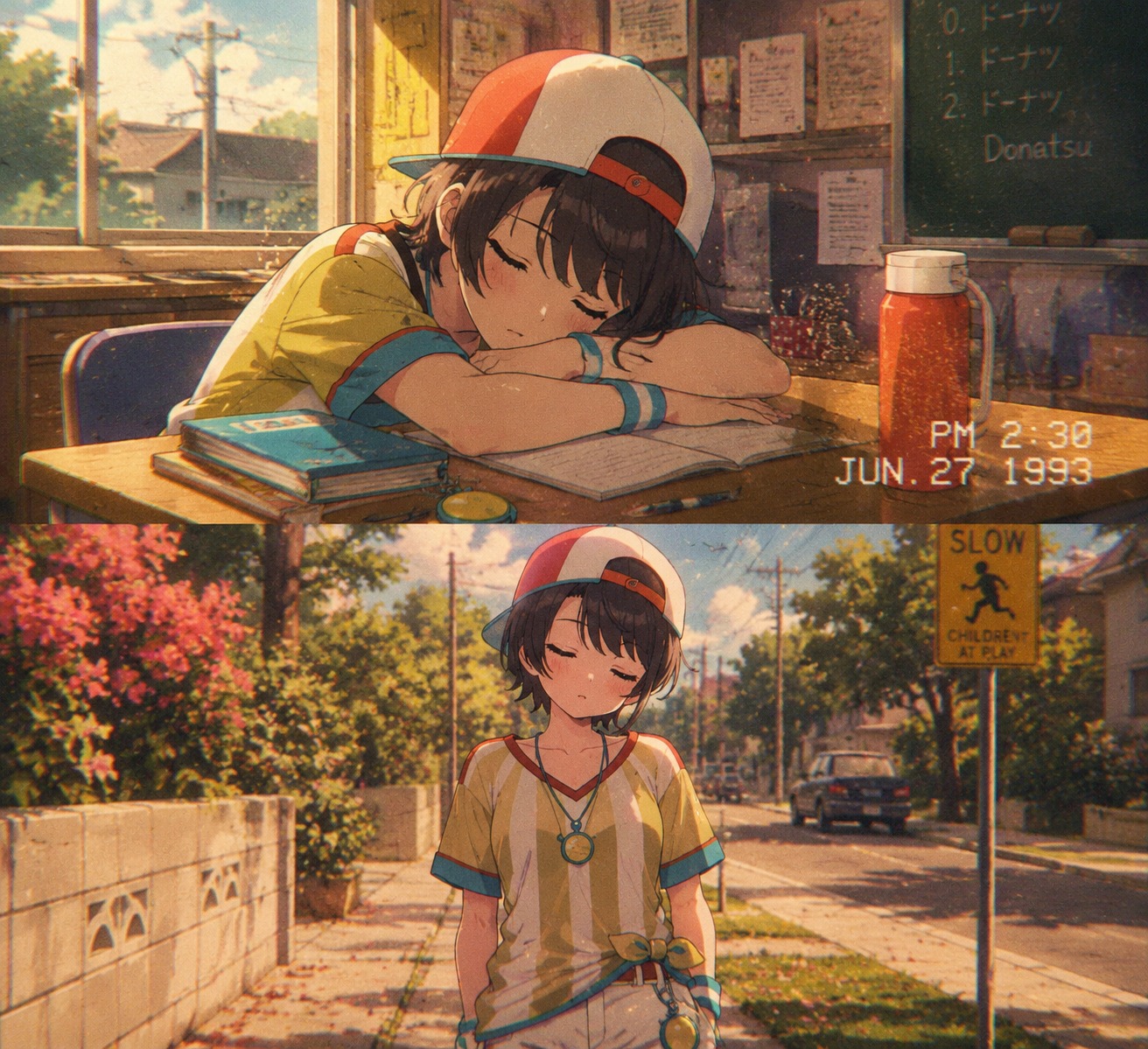 Sleeping at her desk On a sun-drenched suburban sidewalk (90s retro lo-fi aesthetic, grainy)