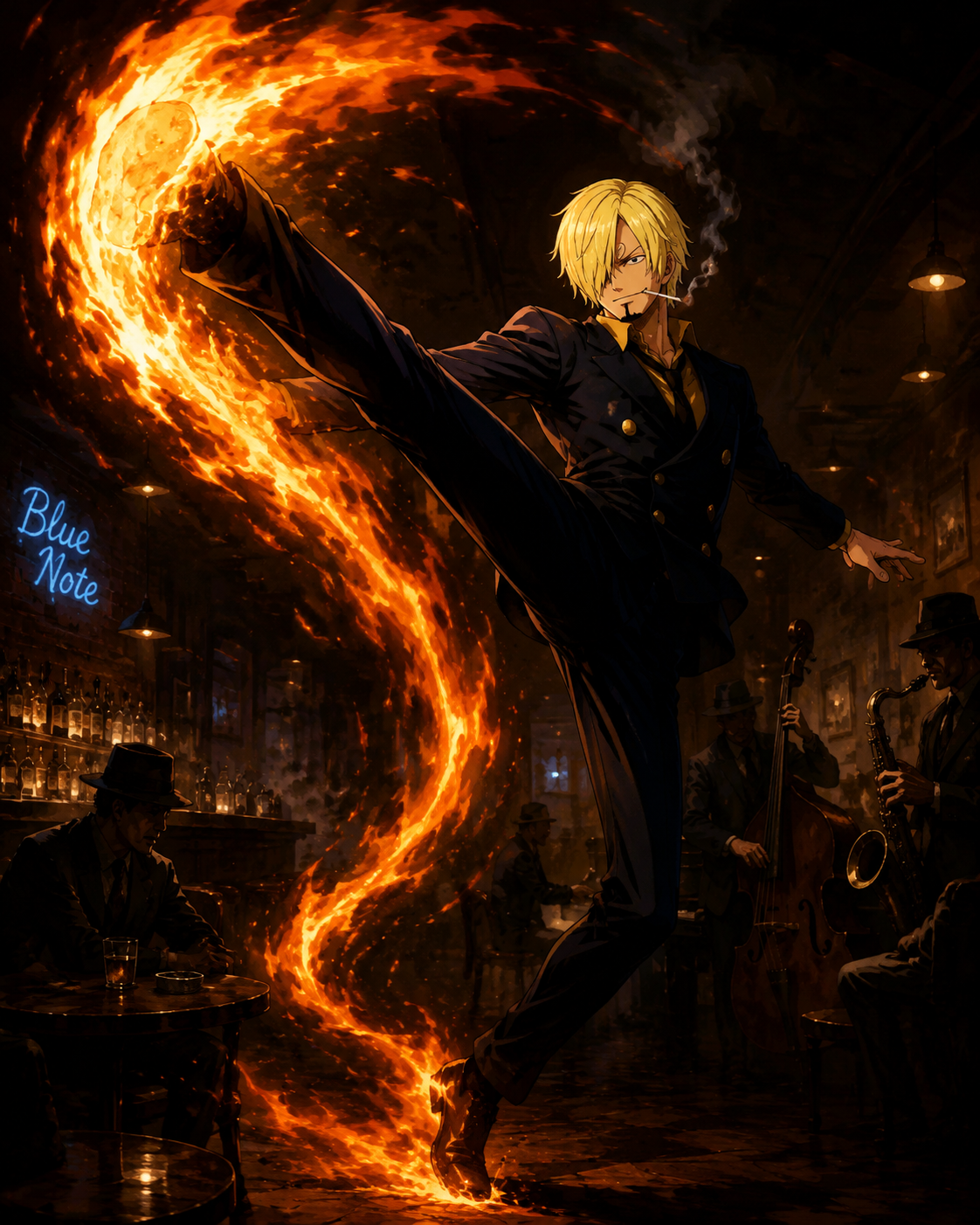 Kicking with a trail of swirling fire In a dimly lit jazz bar with hazy smoke (cinematic noir, high contrast dramatic lighting)