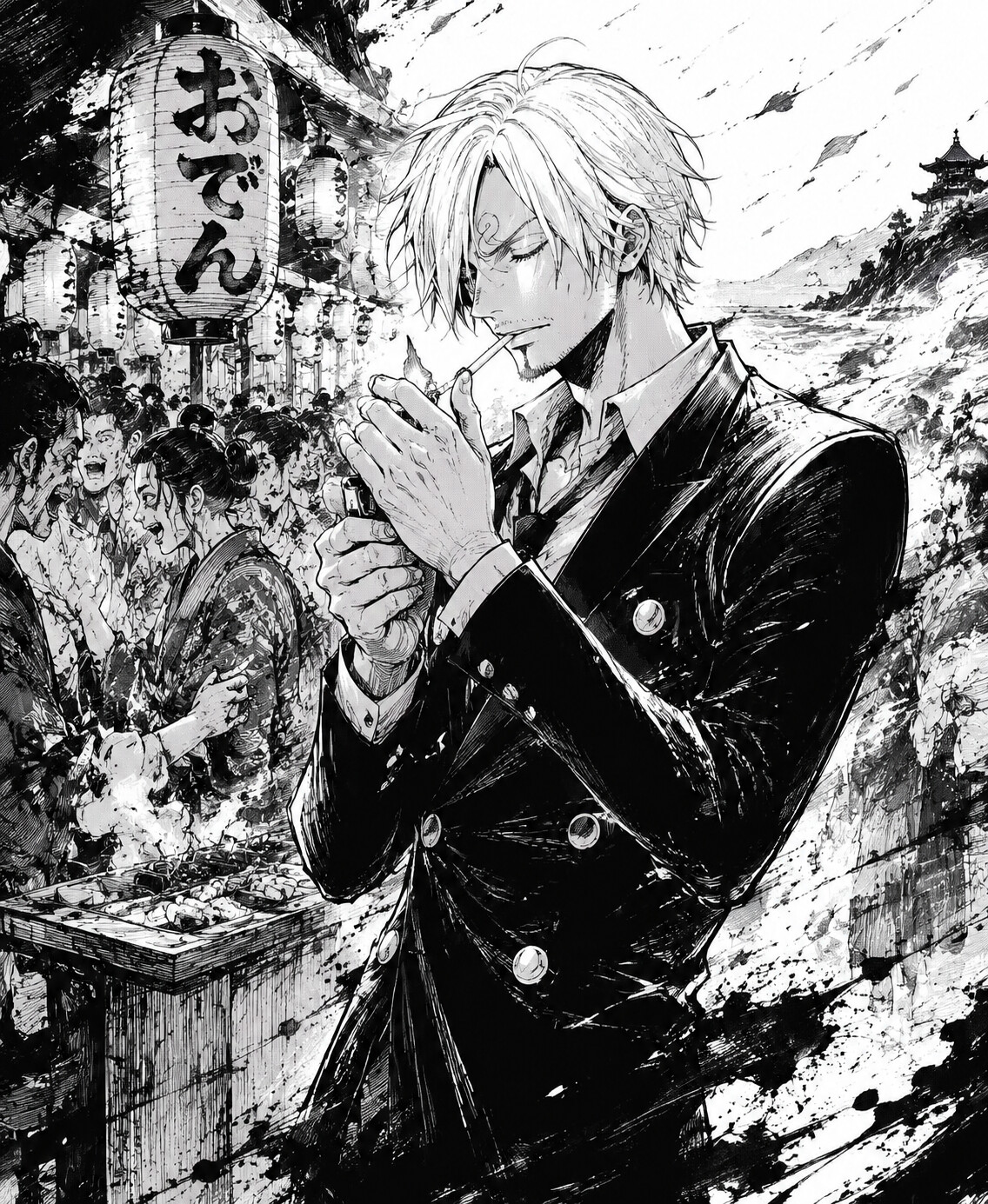 Lighting a cigarette against the sea breeze at a crowded street food stall in Wano (dynamic manga sketch)