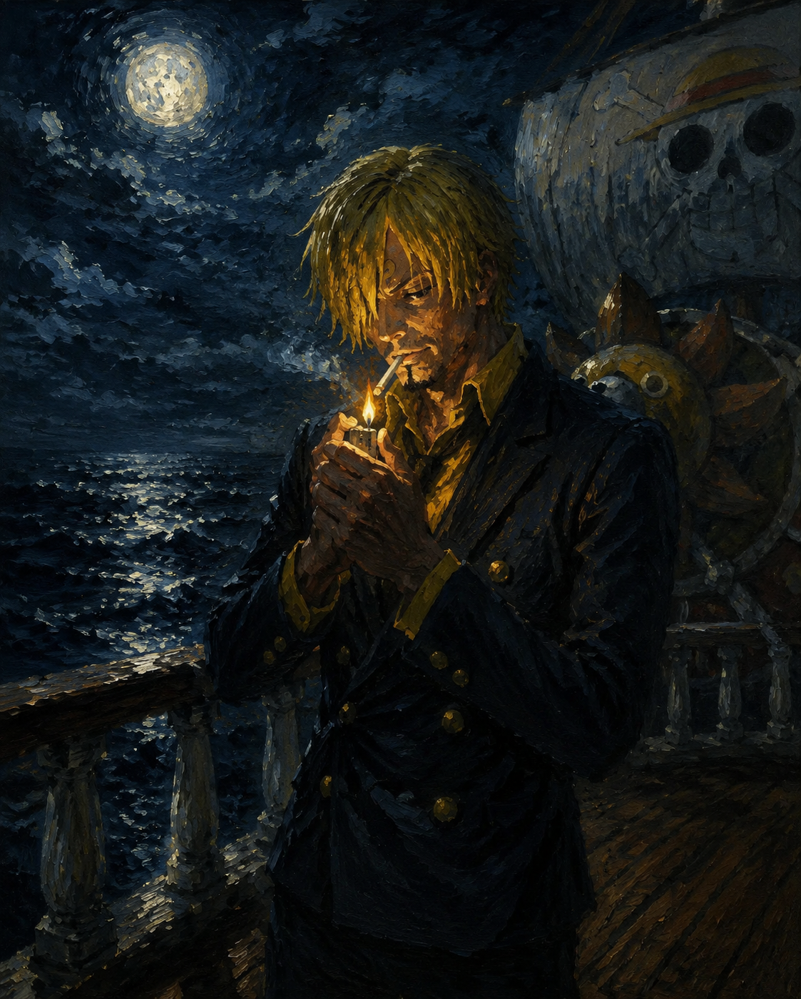 Lighting a cigarette against the sea breeze On the deck of the Thousand Sunny under moonlight (gritty oil painting, thick brushstrokes and shadows)