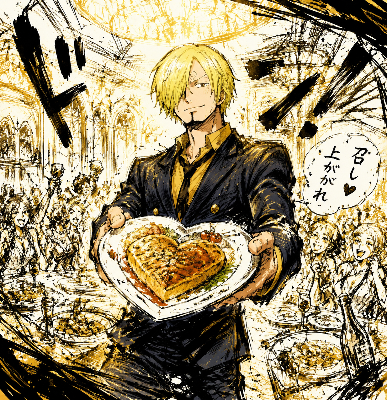 Offering a heart-shaped plate of food At a grand banquet hall filled with golden light (dynamic manga sketch, messy ink splatters)