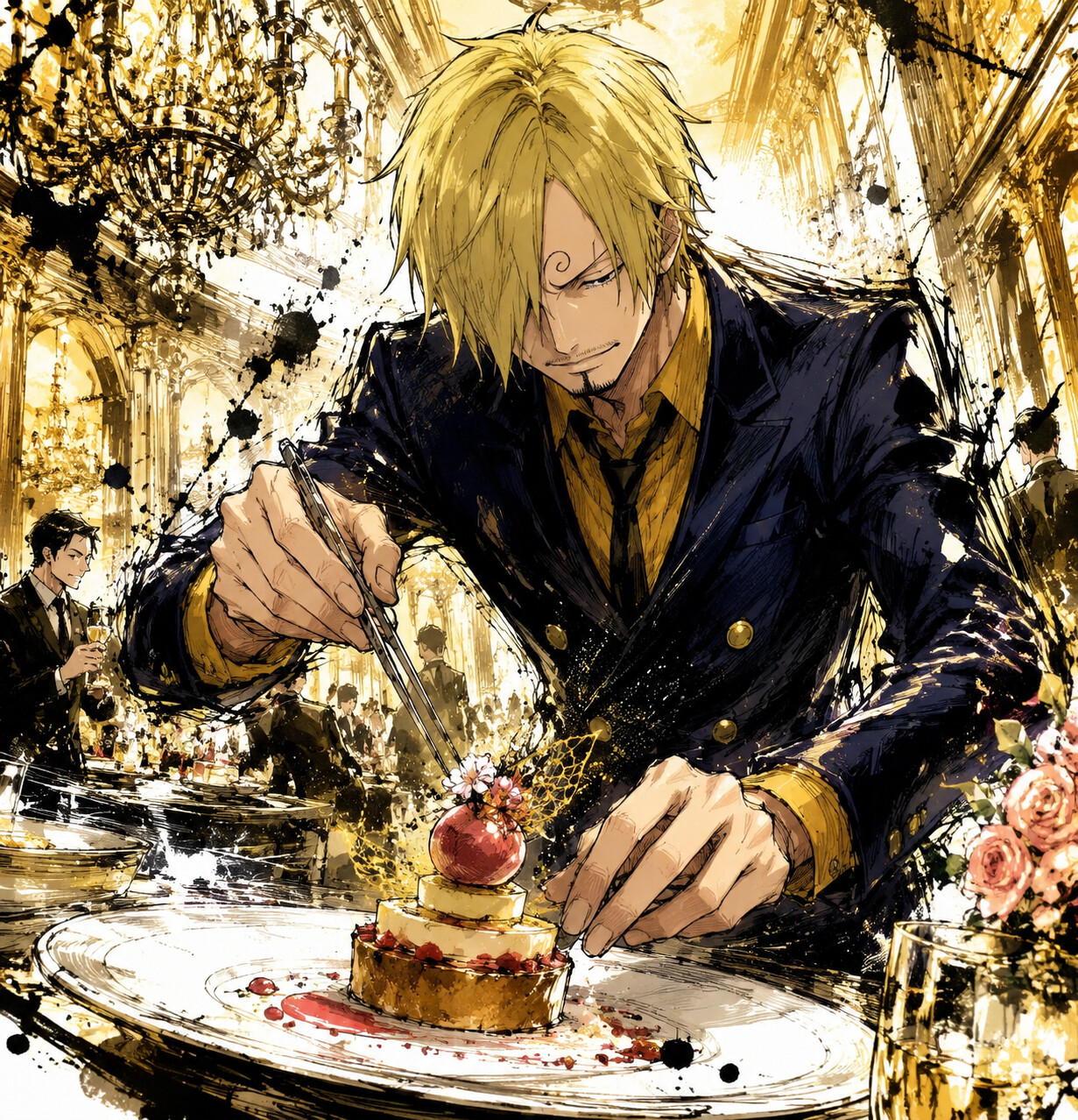 Plating a delicate gourmet dessert with precision at a grand banquet hall filled with golden light (dynamic manga sketch)