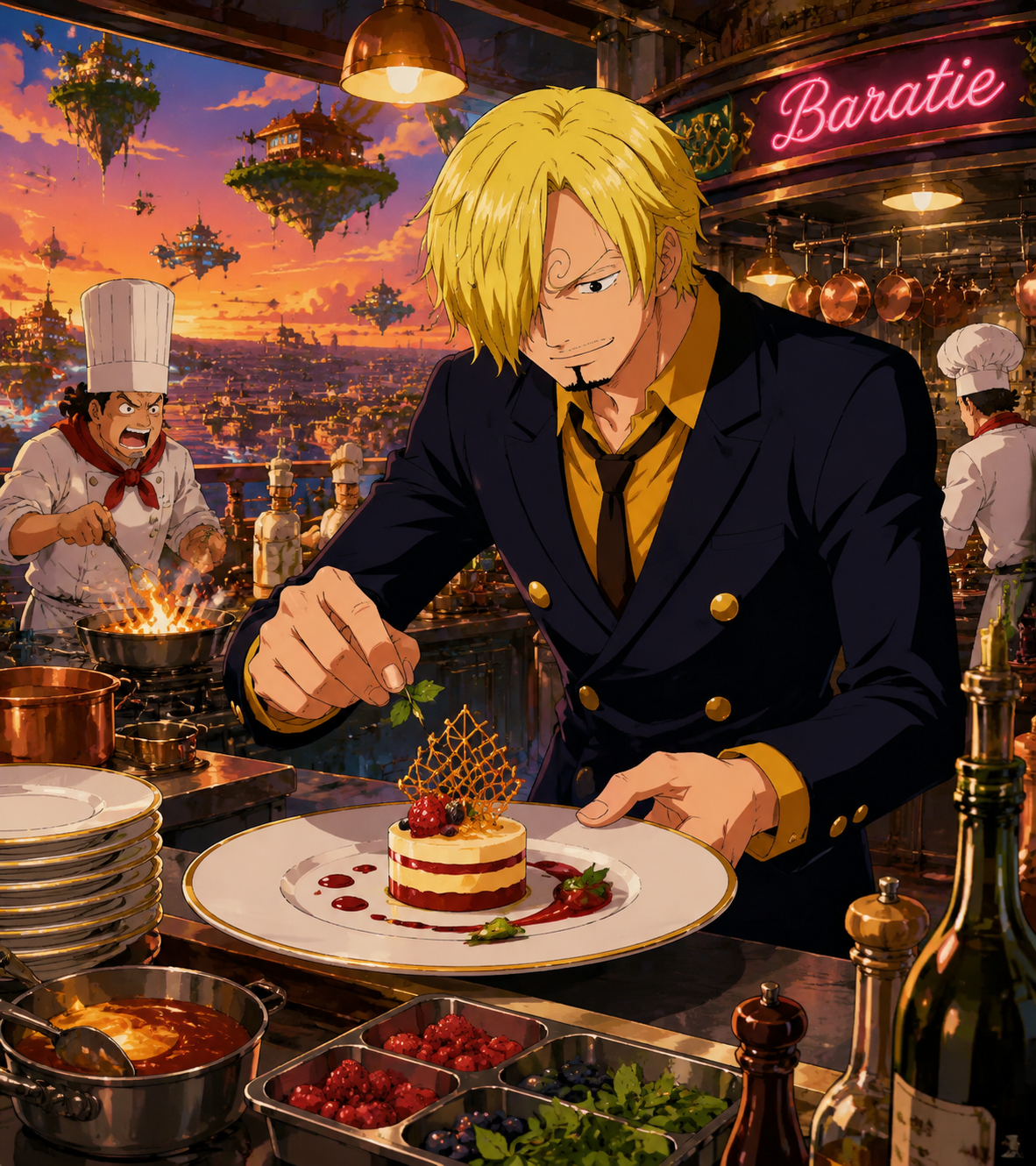 Plating a delicate gourmet dessert with precision In a bustling floating restaurant kitchen at sunset (90s retro anime style, vibrant cel shading)