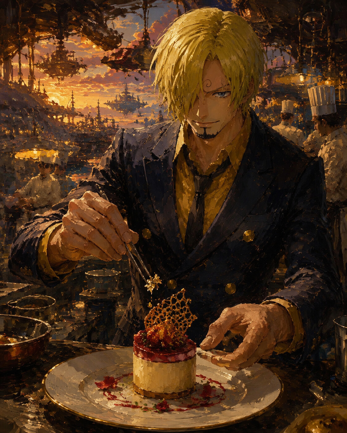 Plating a delicate gourmet dessert with precision in a bustling floating restaurant kitchen at sunset (gritty oil painting)