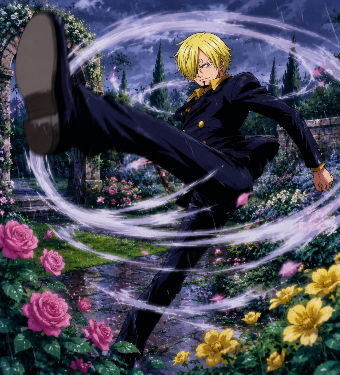 Spinning in a whirlwind of powerful kicks in a quiet flower garden during a spring rain (90s retro anime style)