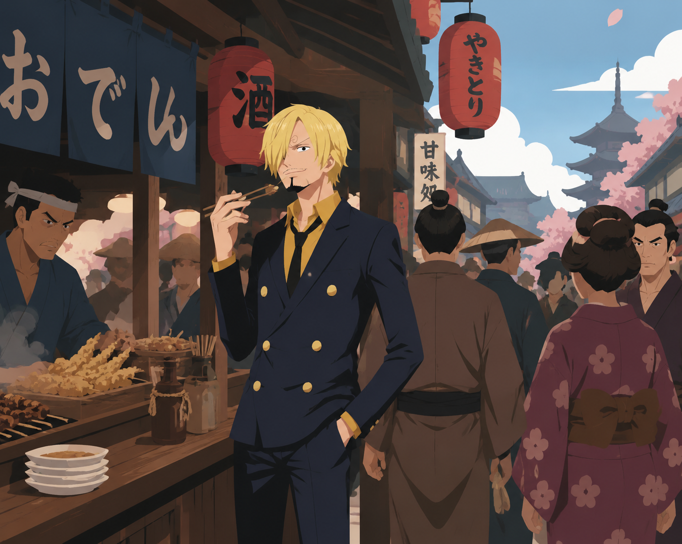 Staring out at the horizon for the all blue At a crowded street food stall in Wano (clean modern vector art, minimalist colors)