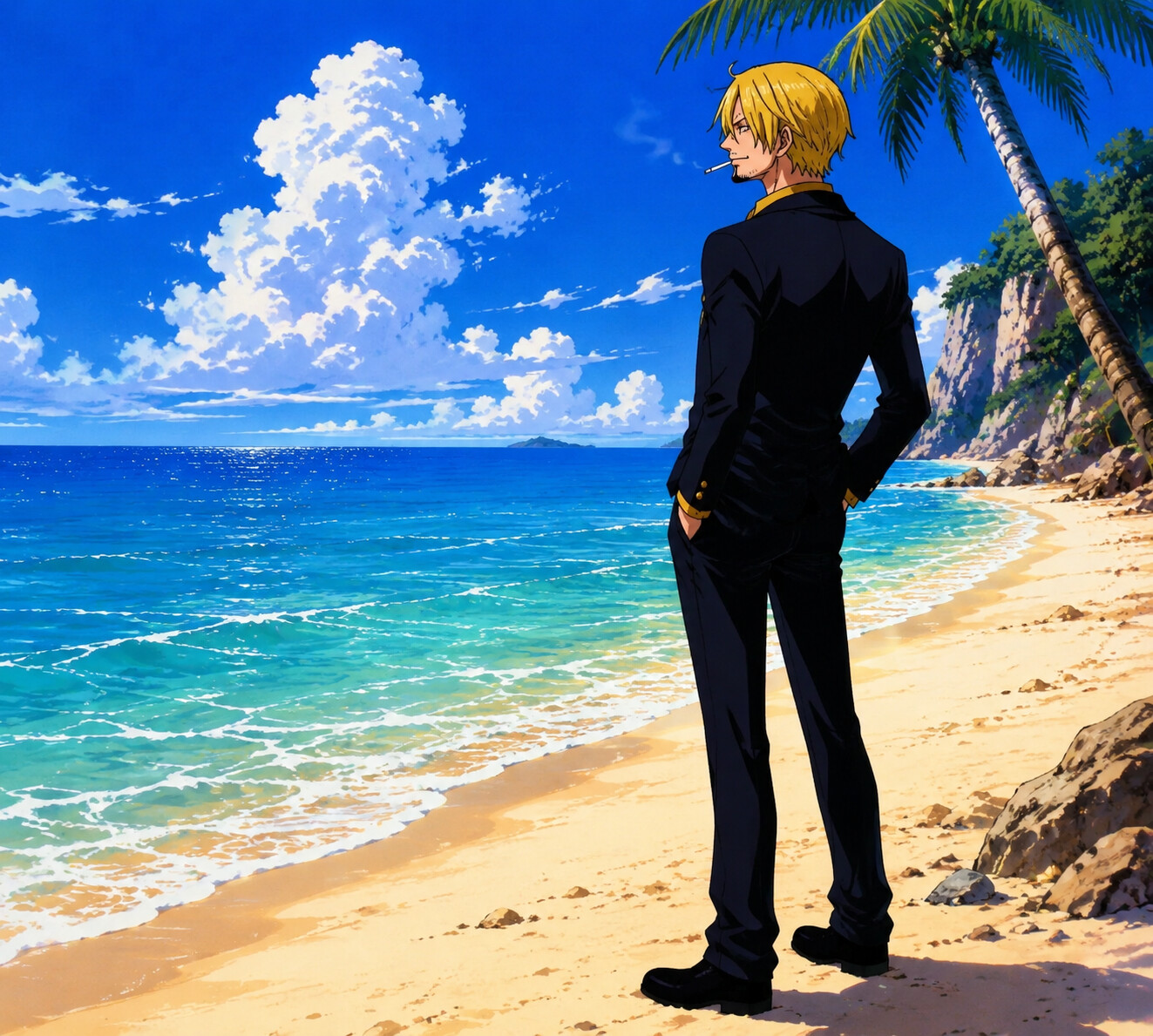 Staring out at the horizon for the All Blue on a tropical beach during a scorching afternoon (90s retro anime style)