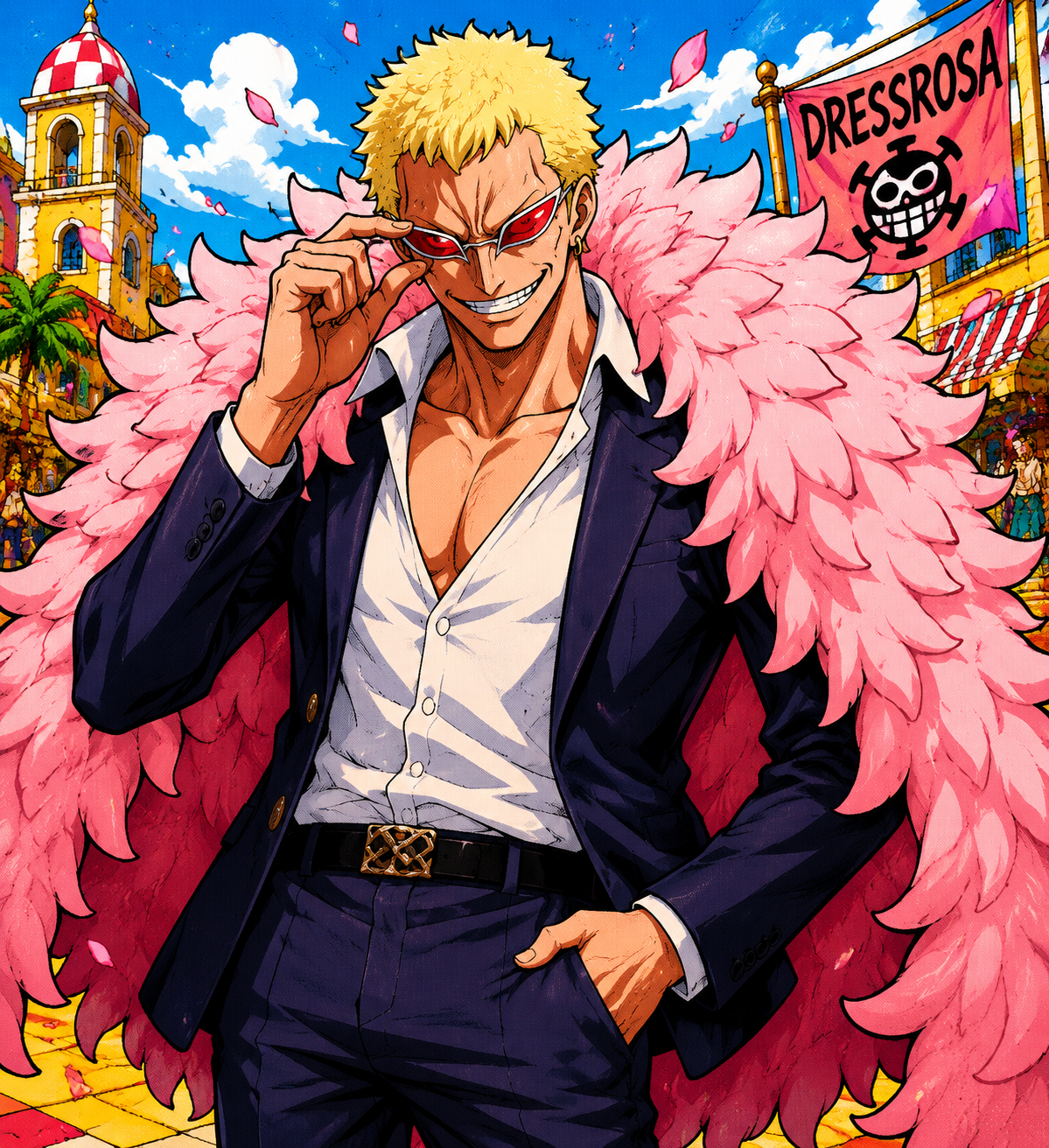 Adjusting his signature pointed sunglasses In a sun-drenched plaza in Dressrosa (vibrant pop art with bold outlines)